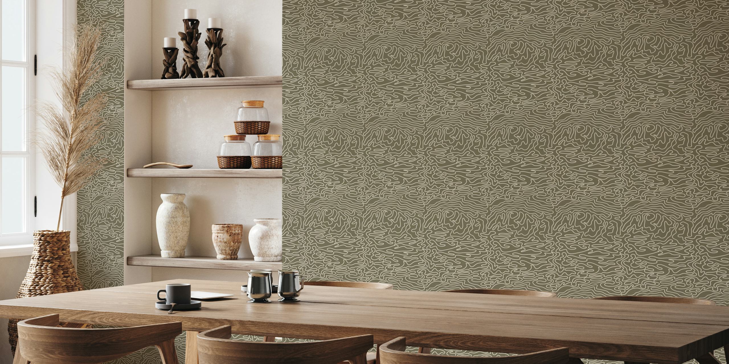 Serene Ripples in olive green wallpaper in a room