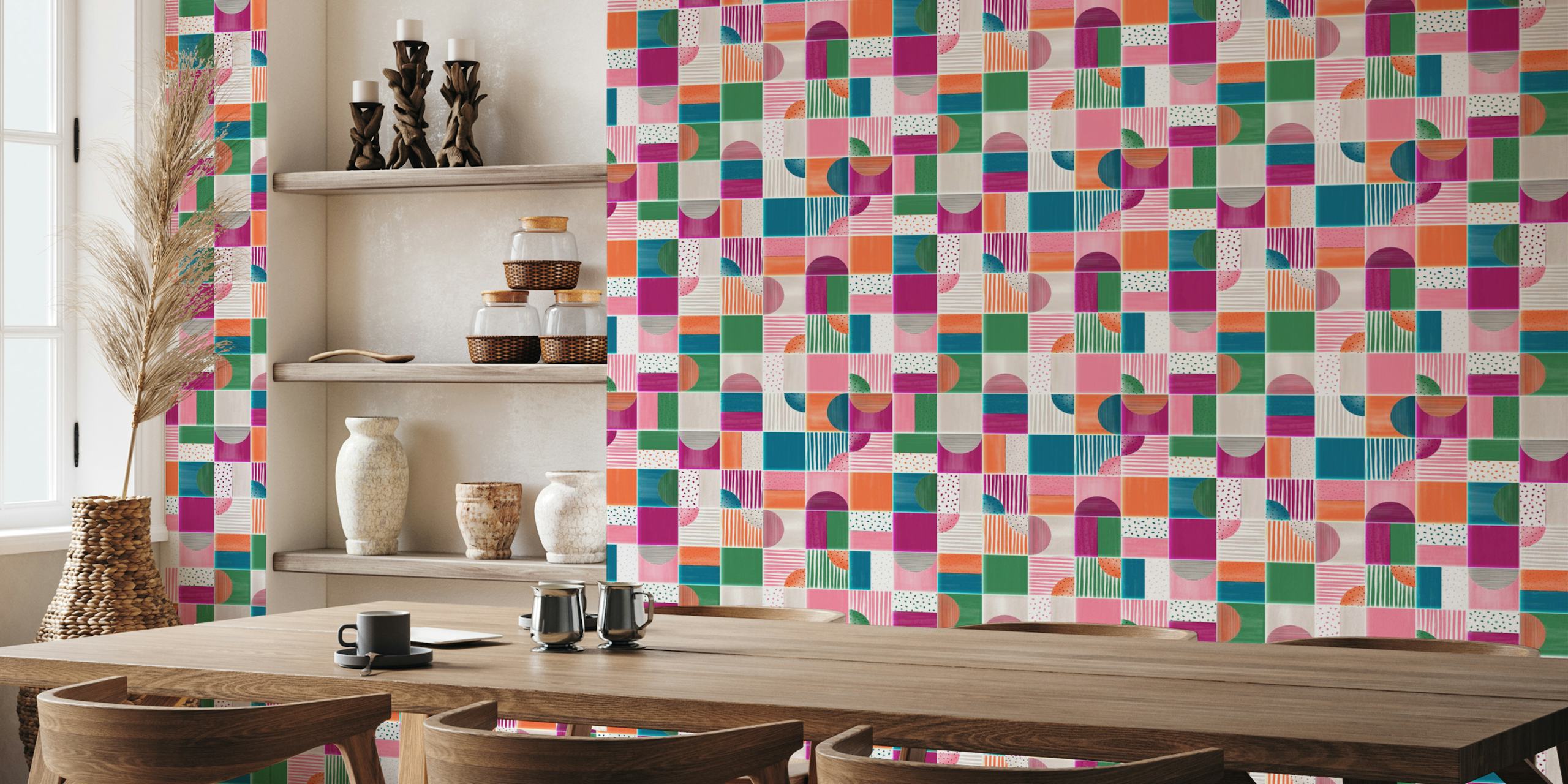 Colorful geometric tiles in pink, teal, and orange wallpaper
