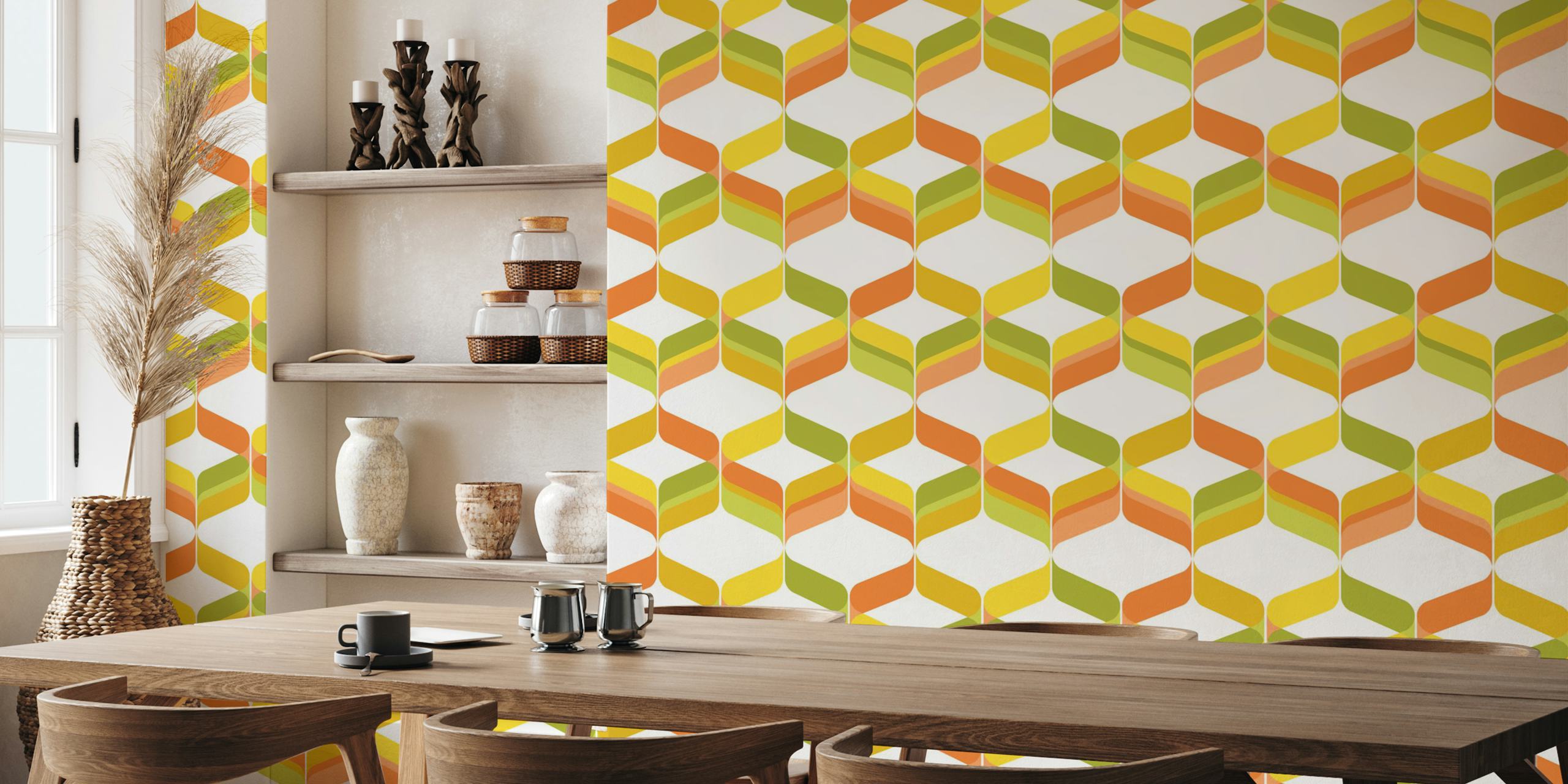 Geometric patterns in yellow, orange, and green tones wallpaper