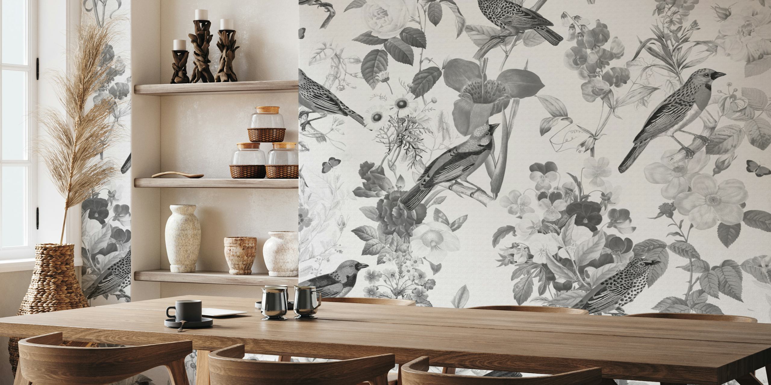 Black floral wallpaper featuring birds and flowers in monochrome style