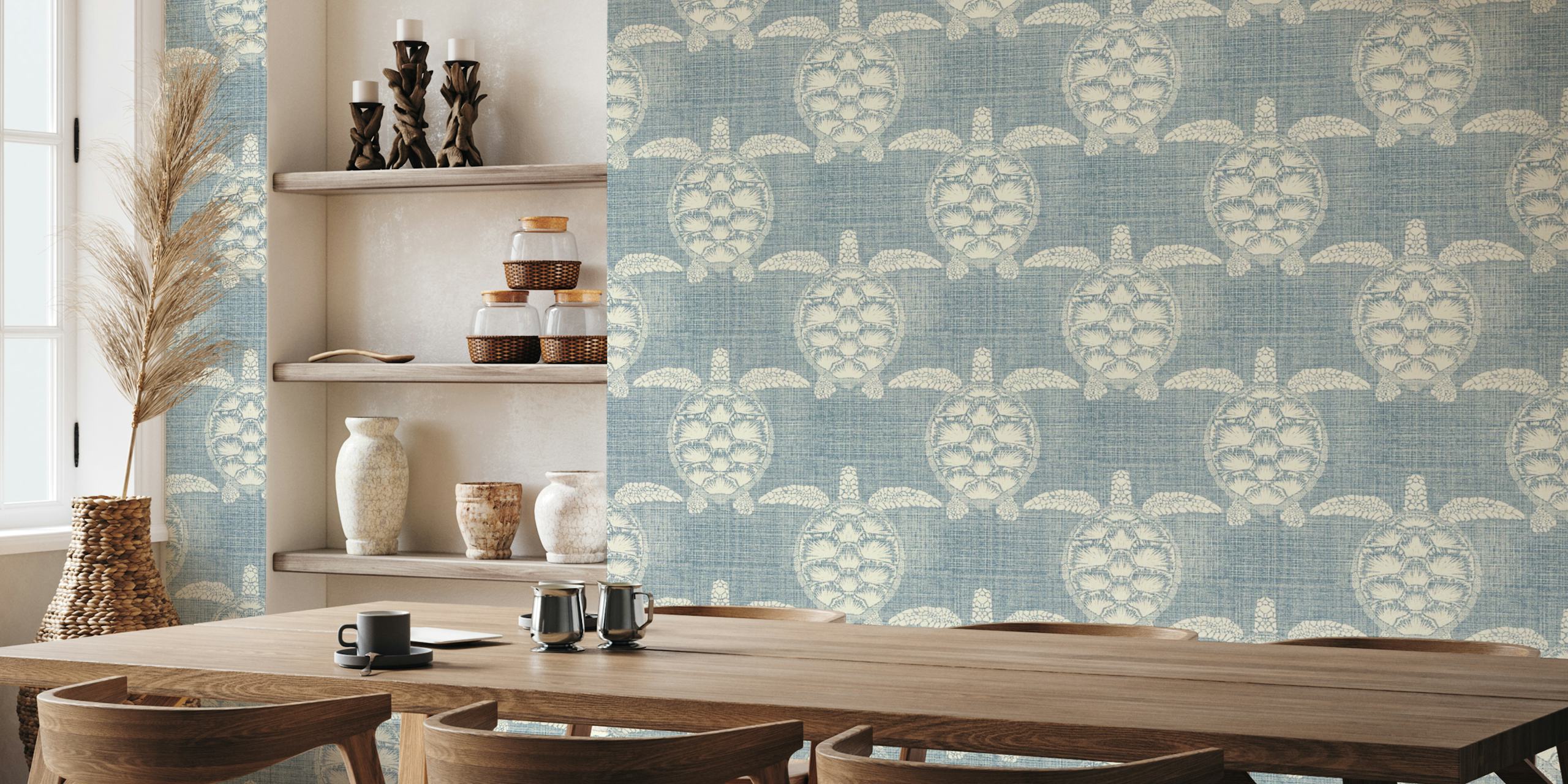 Denim blue sea turtle wallpaper in a room