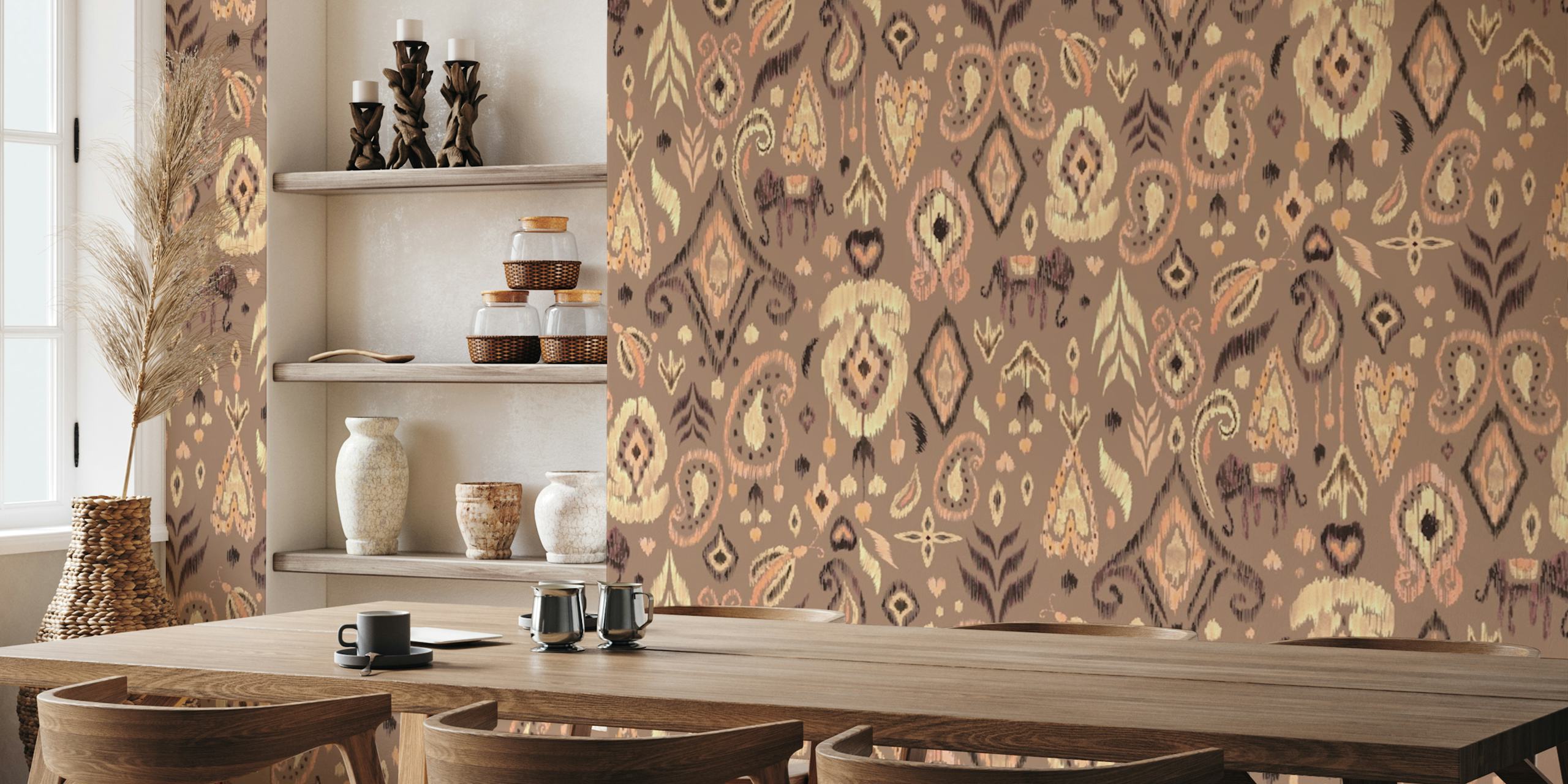 Papel tapiz Ikat expuesto en una habitación