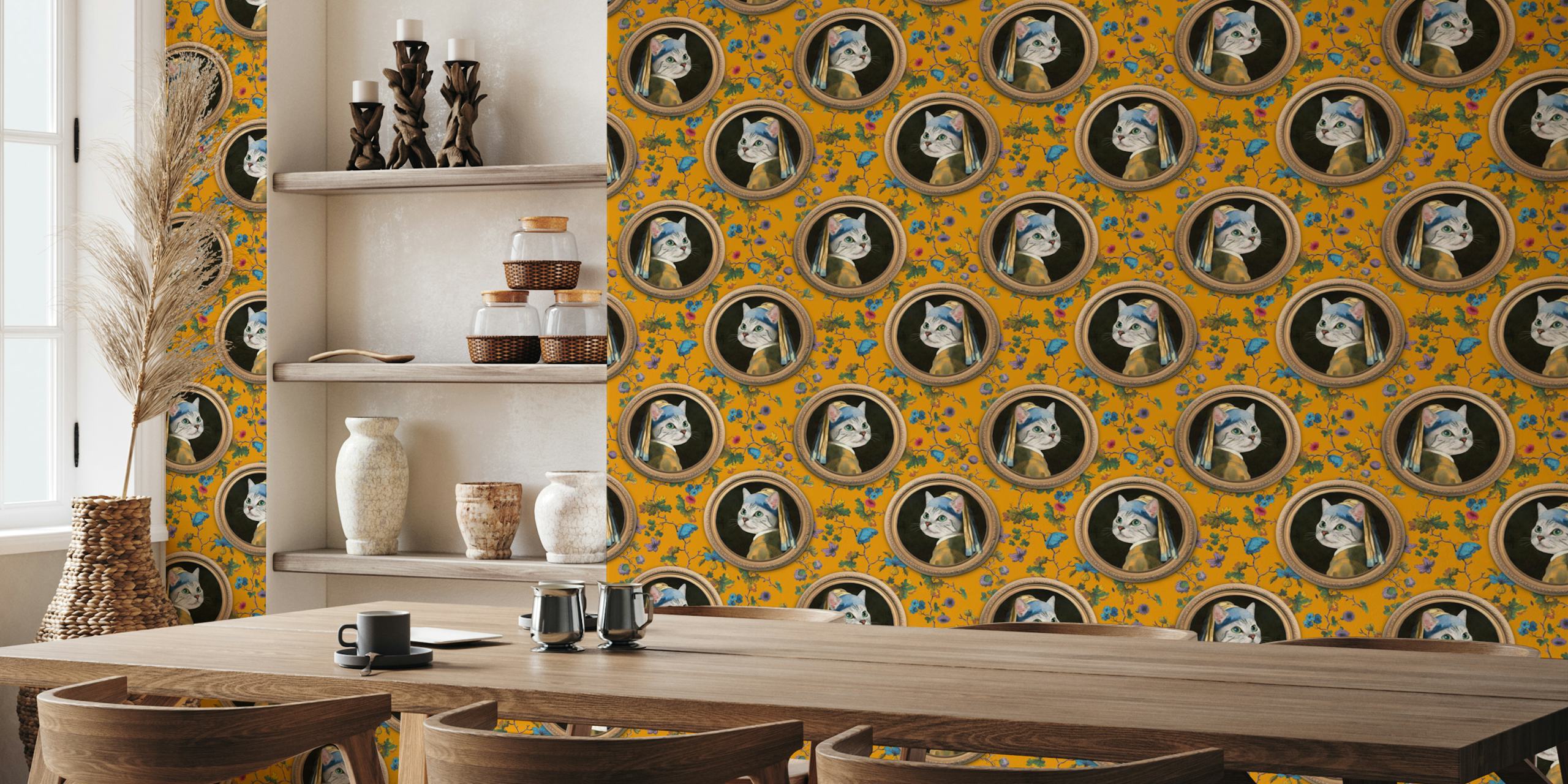 Cat portrait with flowers on yellow background wallpaper