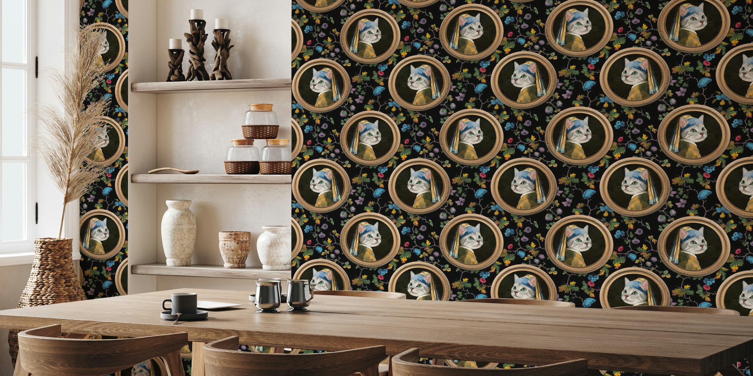 Cat with pearl earring wallpaper in a room