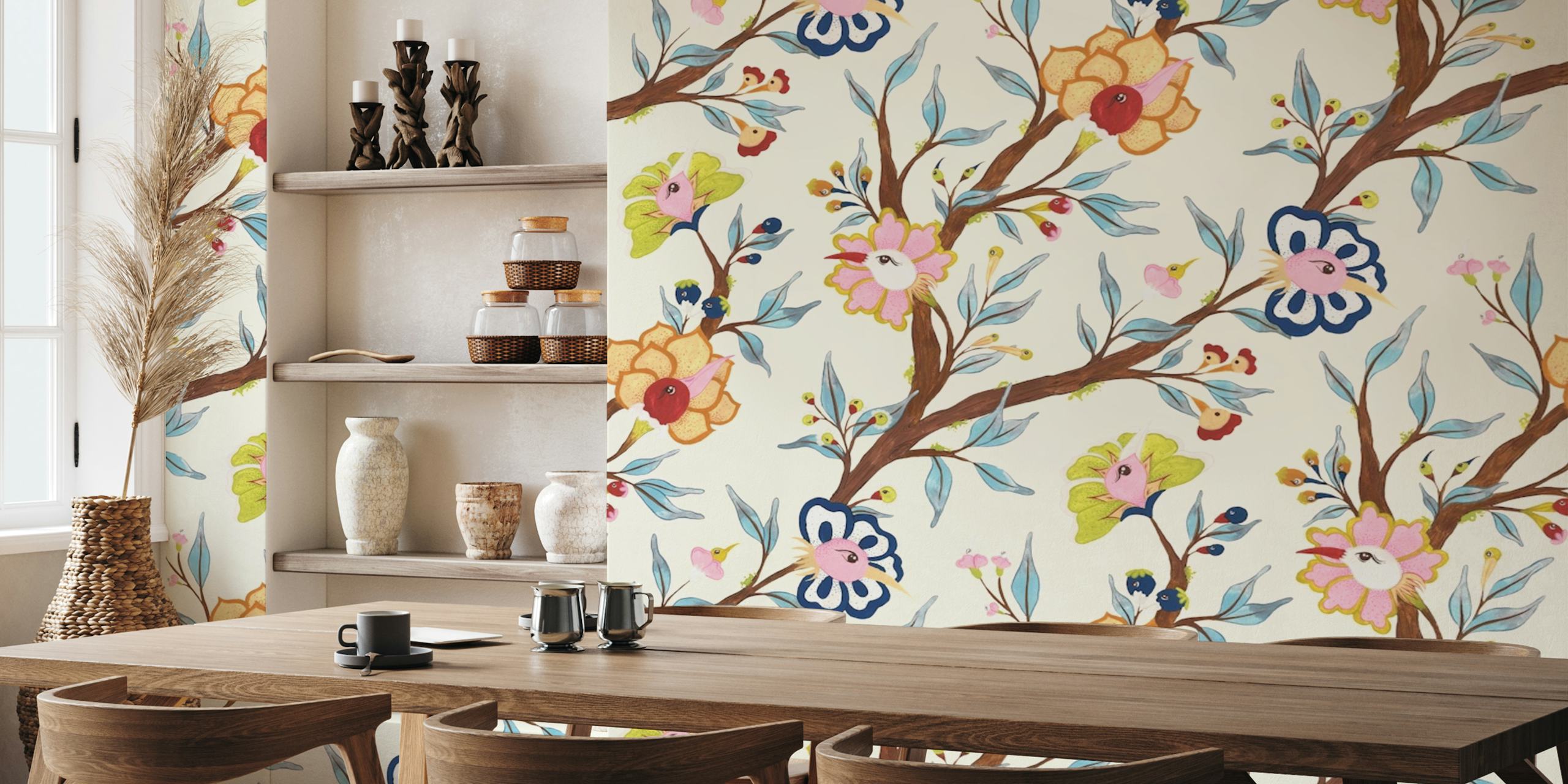 Design de papel de parede floral em um ambiente de quarto