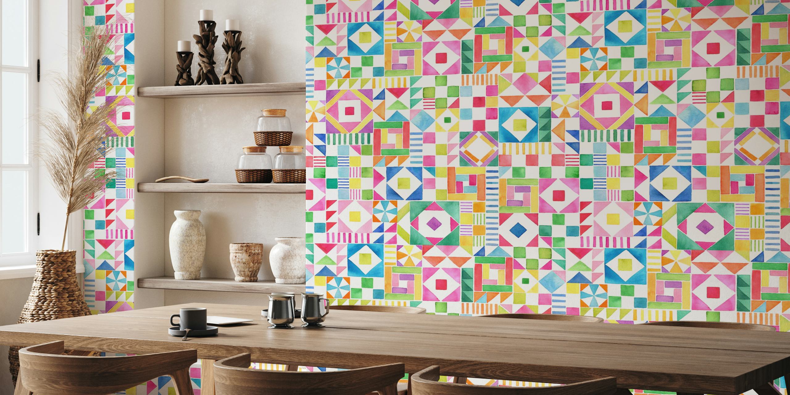 Fargerik Joyful Geometric Patchwork-tapet i et rom