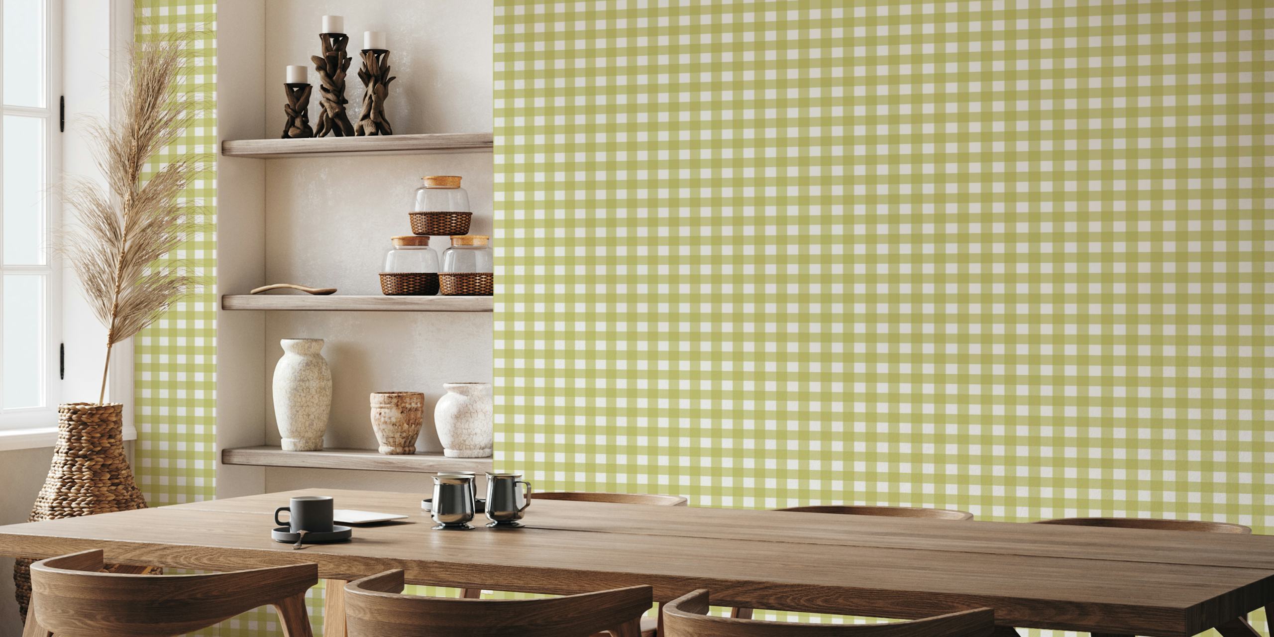 Gingham soft green tapet i ett rum