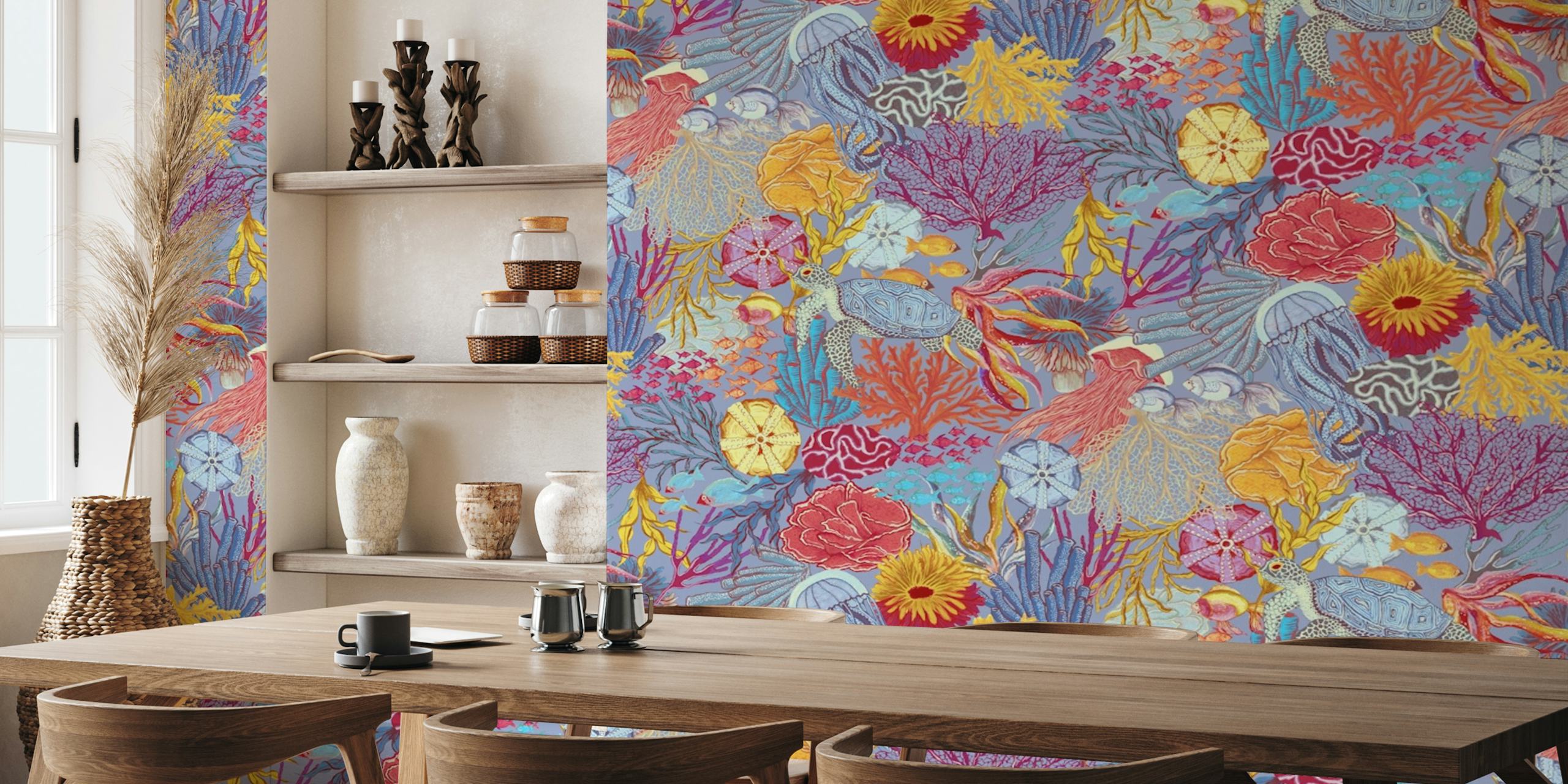 Colorful ocean-themed wallpaper design in a room
