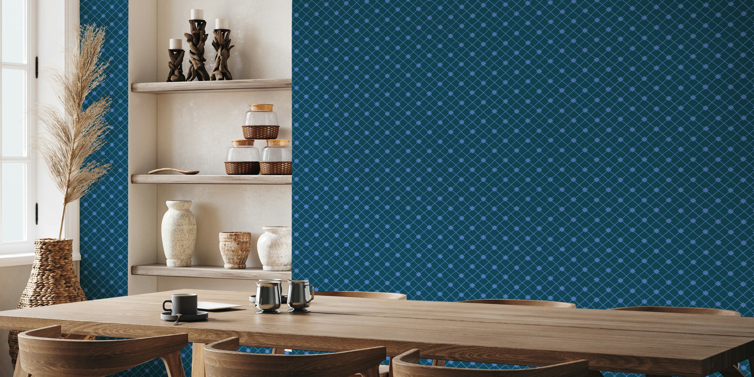 Midnight blue check patterned wall mural with a preppy design style