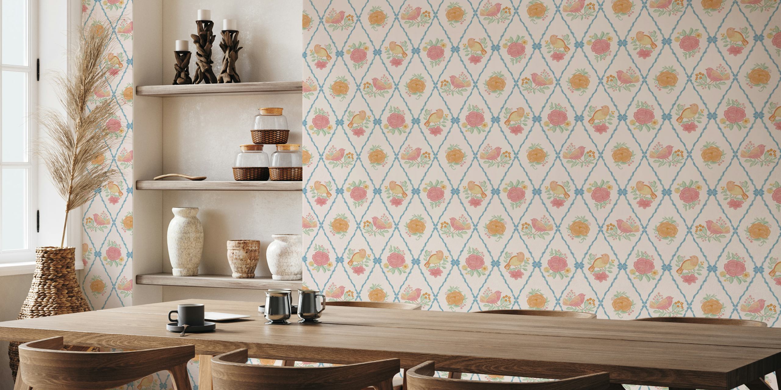 Šarmantan zidni mural u vintage stilu s pastelnim pticama i cvjetovima na rešetkastoj pozadini