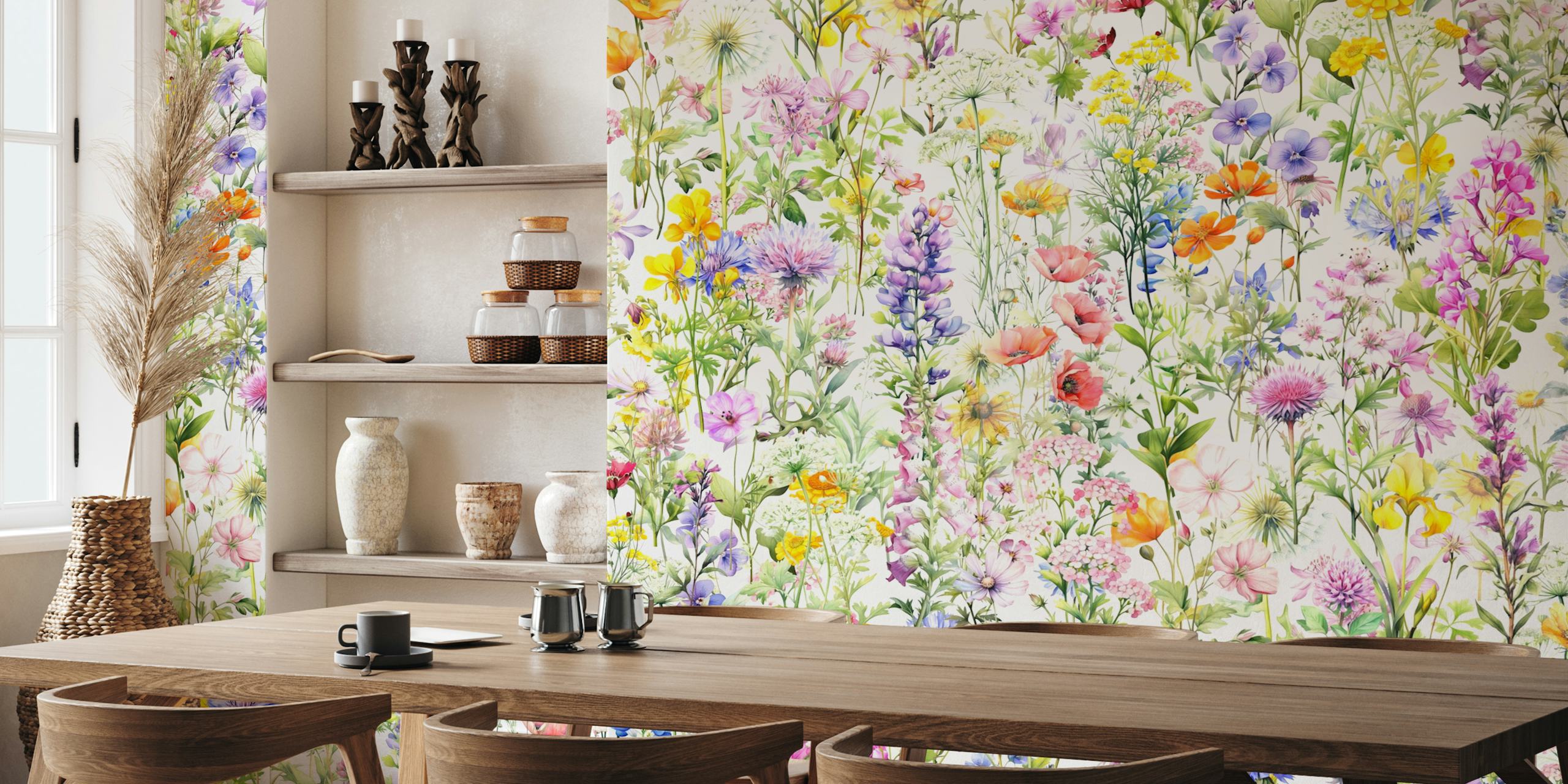 Vibrant wildflower wallpaper in a room