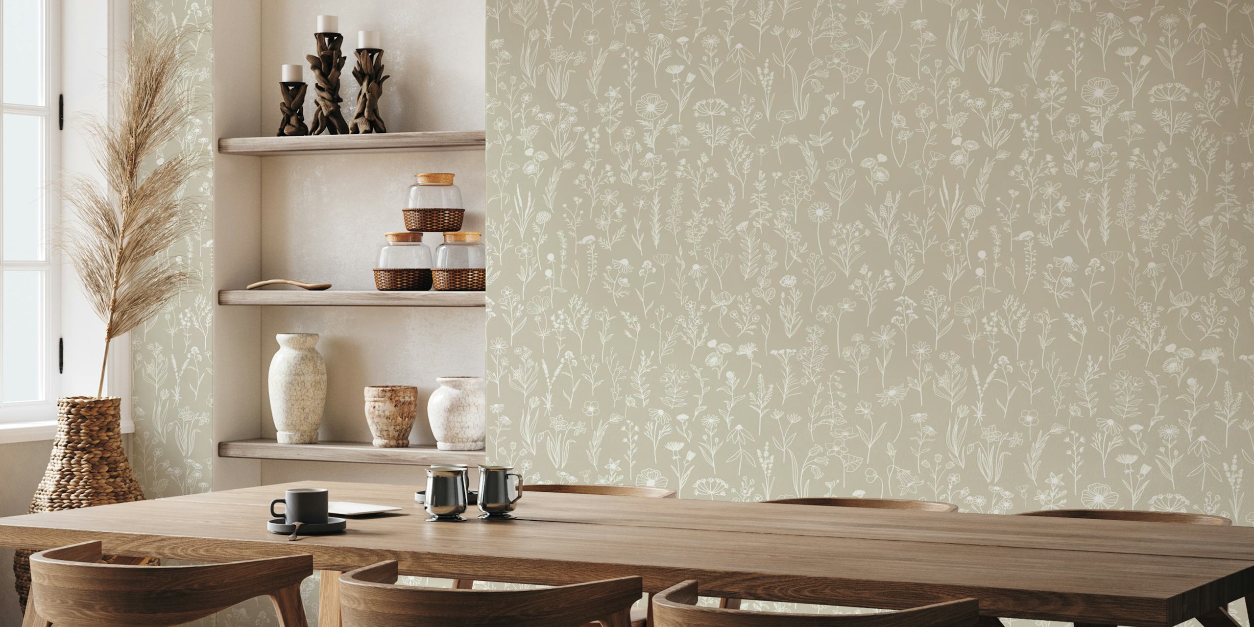White wildflowers on a beige background floral wallpaper