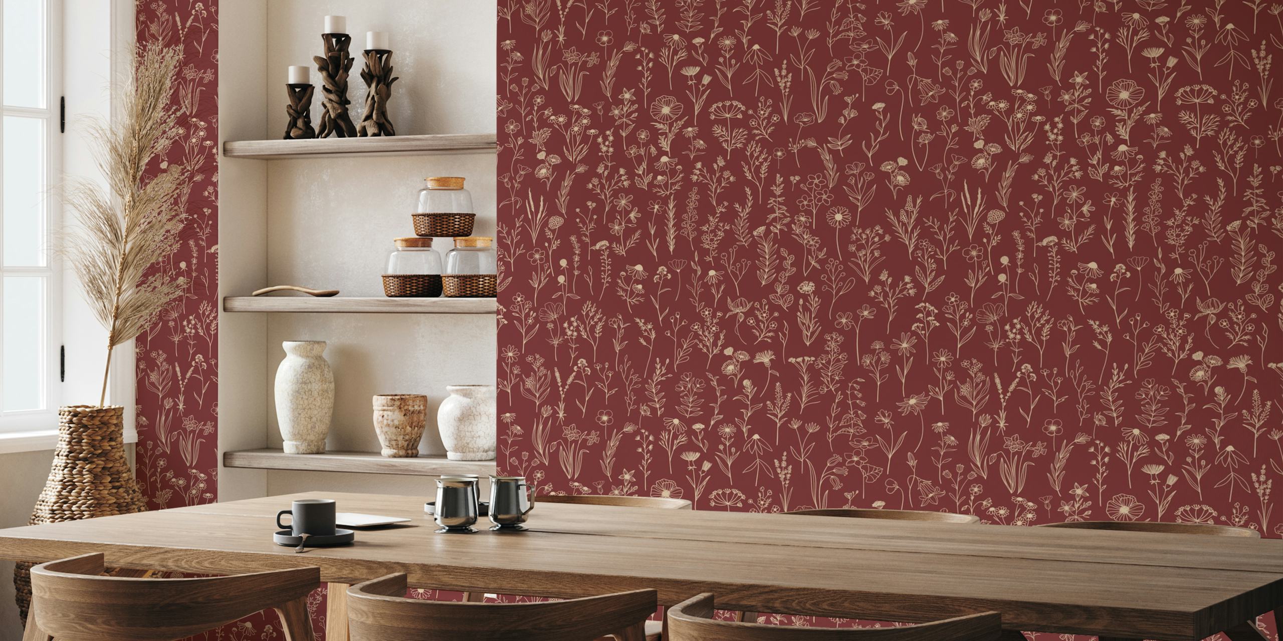 Burgundy floral pattern wallpaper with delicate line drawings