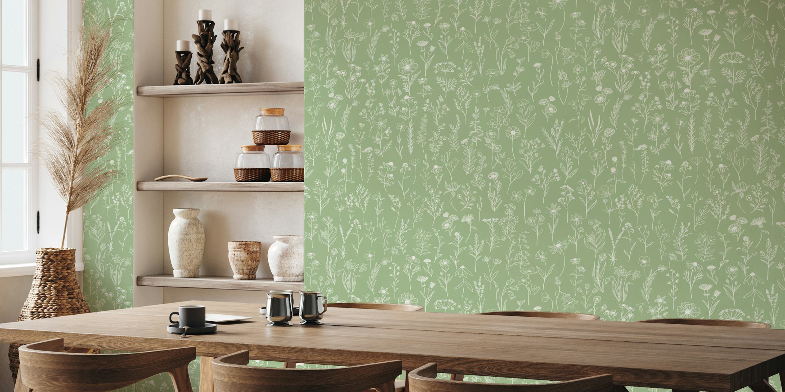 White floral patterns on soft green background wallpaper