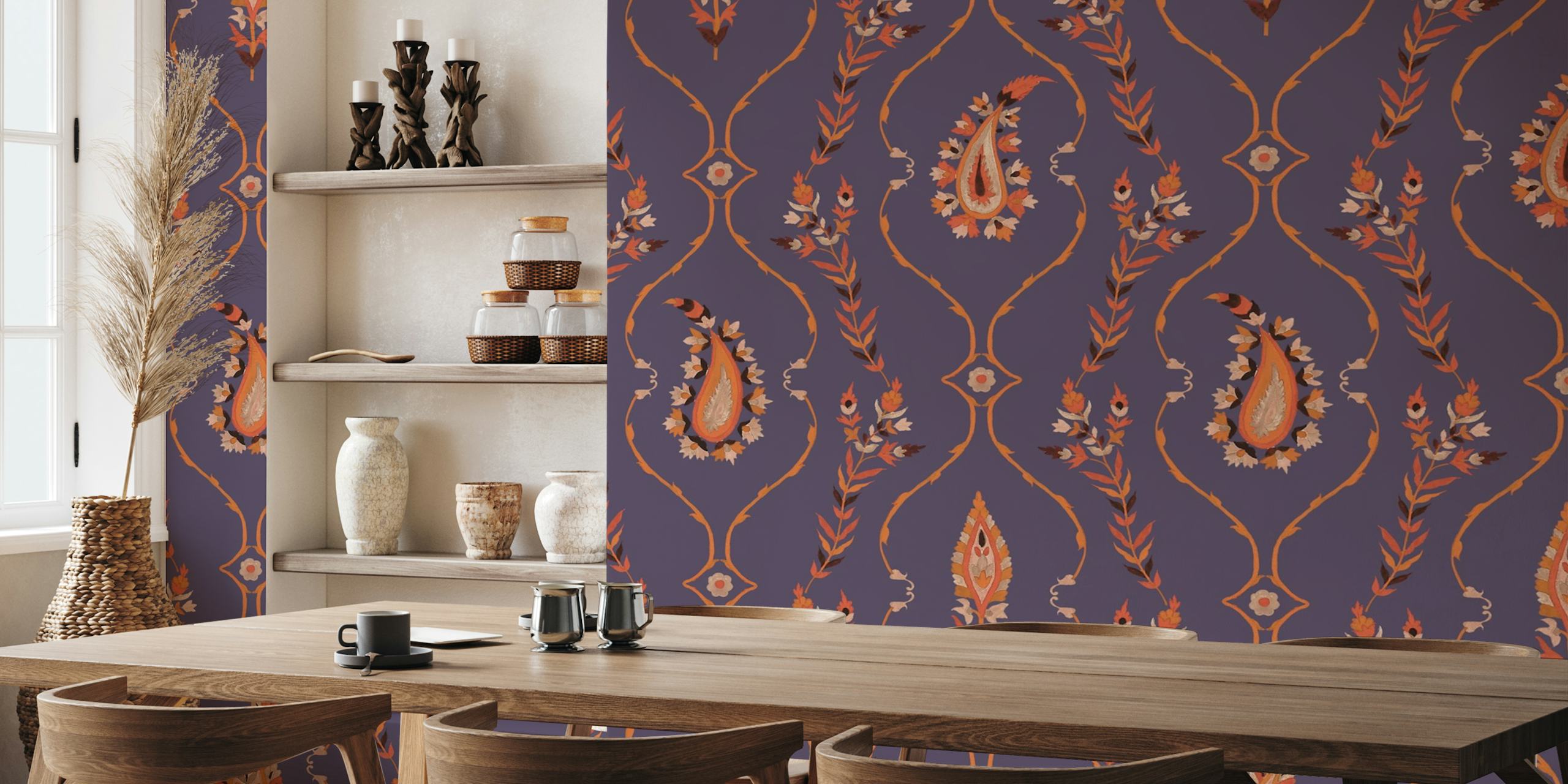 Purple paisley and floral patterns with orange details wallpaper
