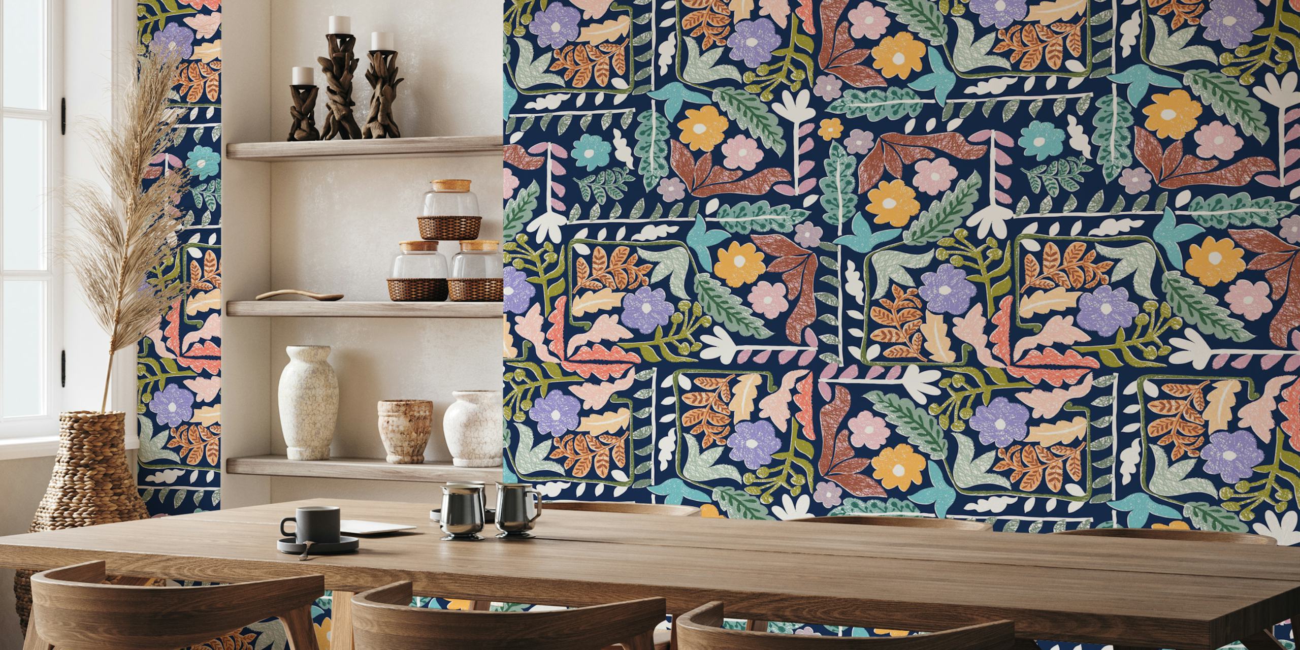Floral geometric dark blue wallpaper with pink and green patterns