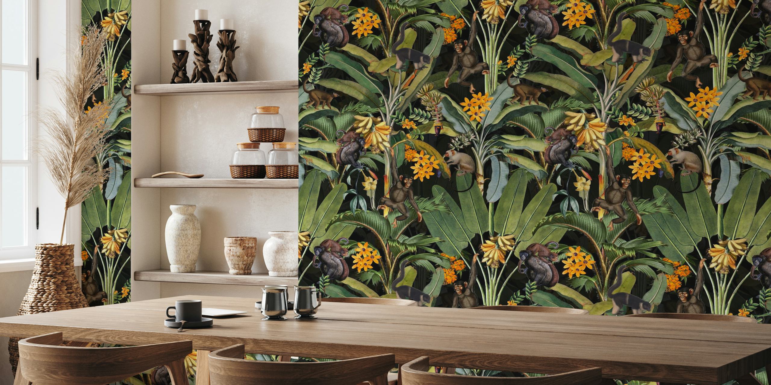 Monkeys in vintage jungle wallpaper design