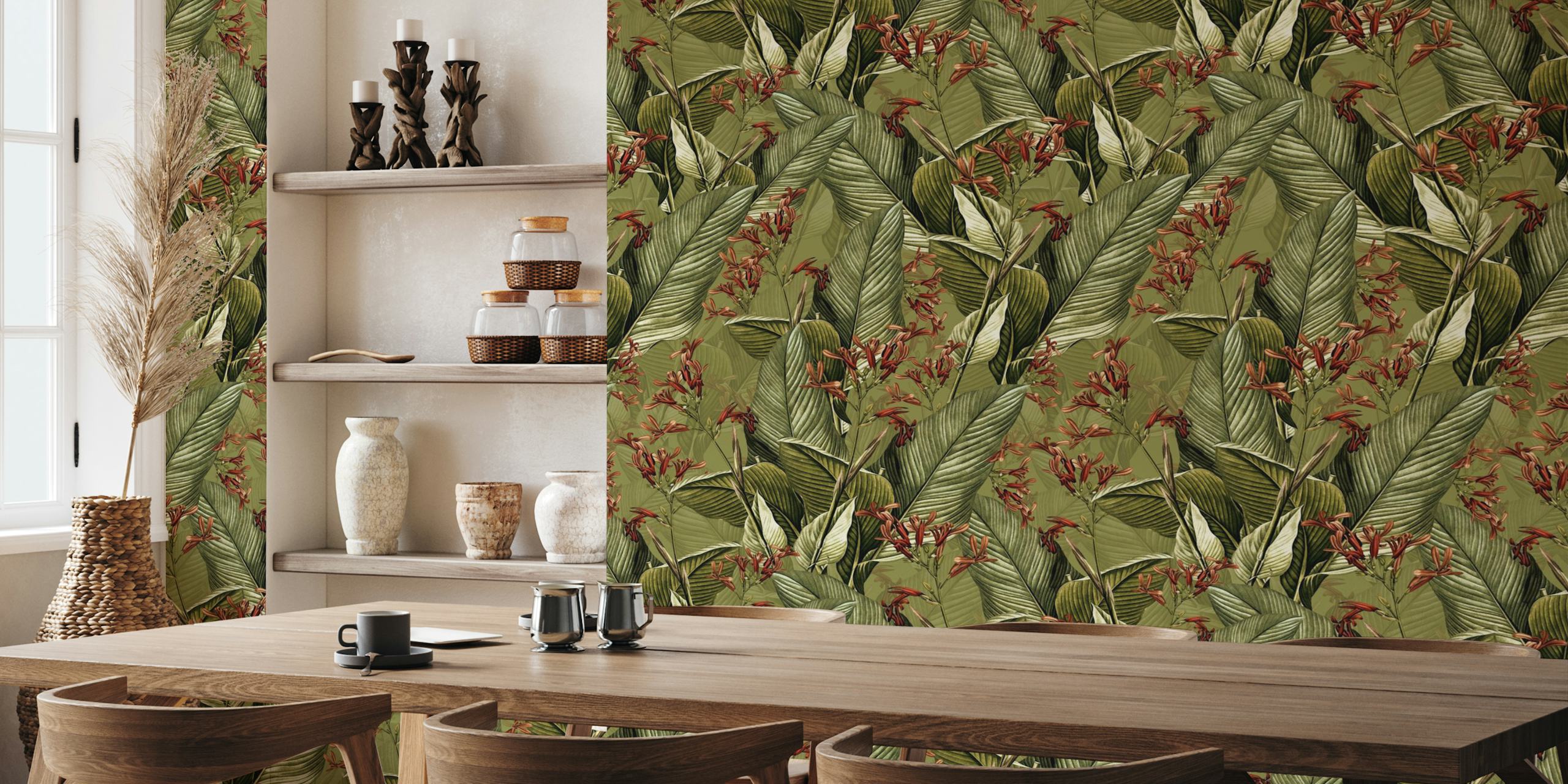 Tropical banana leaves and orange flowers on green background wallpaper