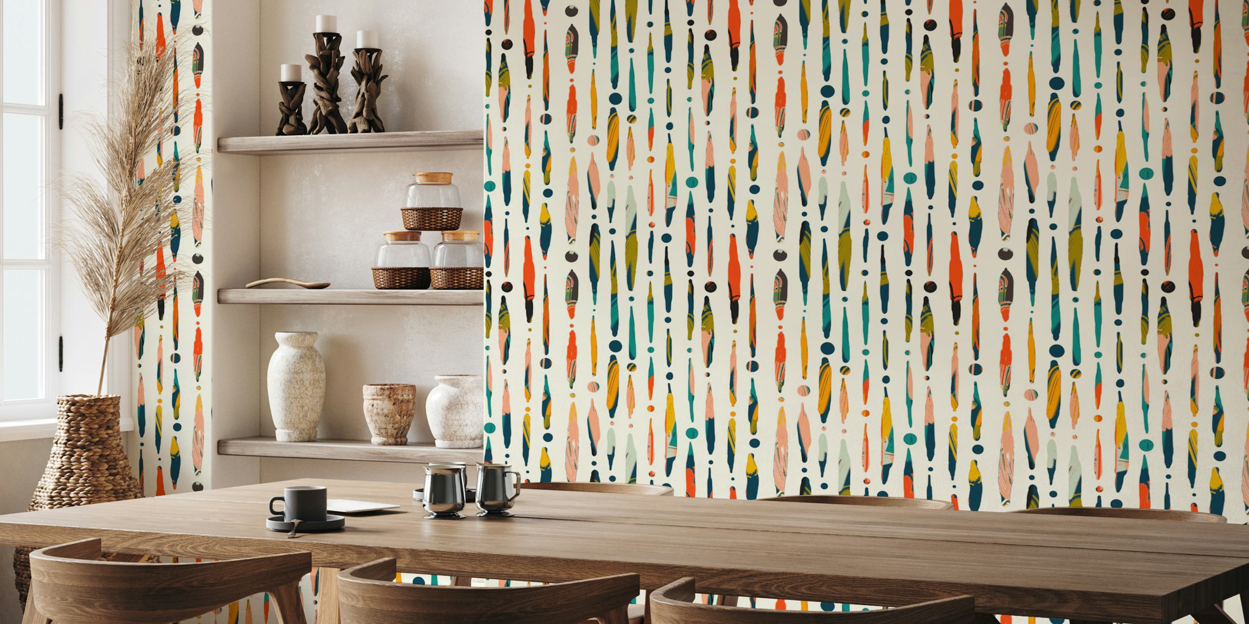 Abstract colorful dripping lines with dots in shades of orange, teal, pink, and black wallpaper