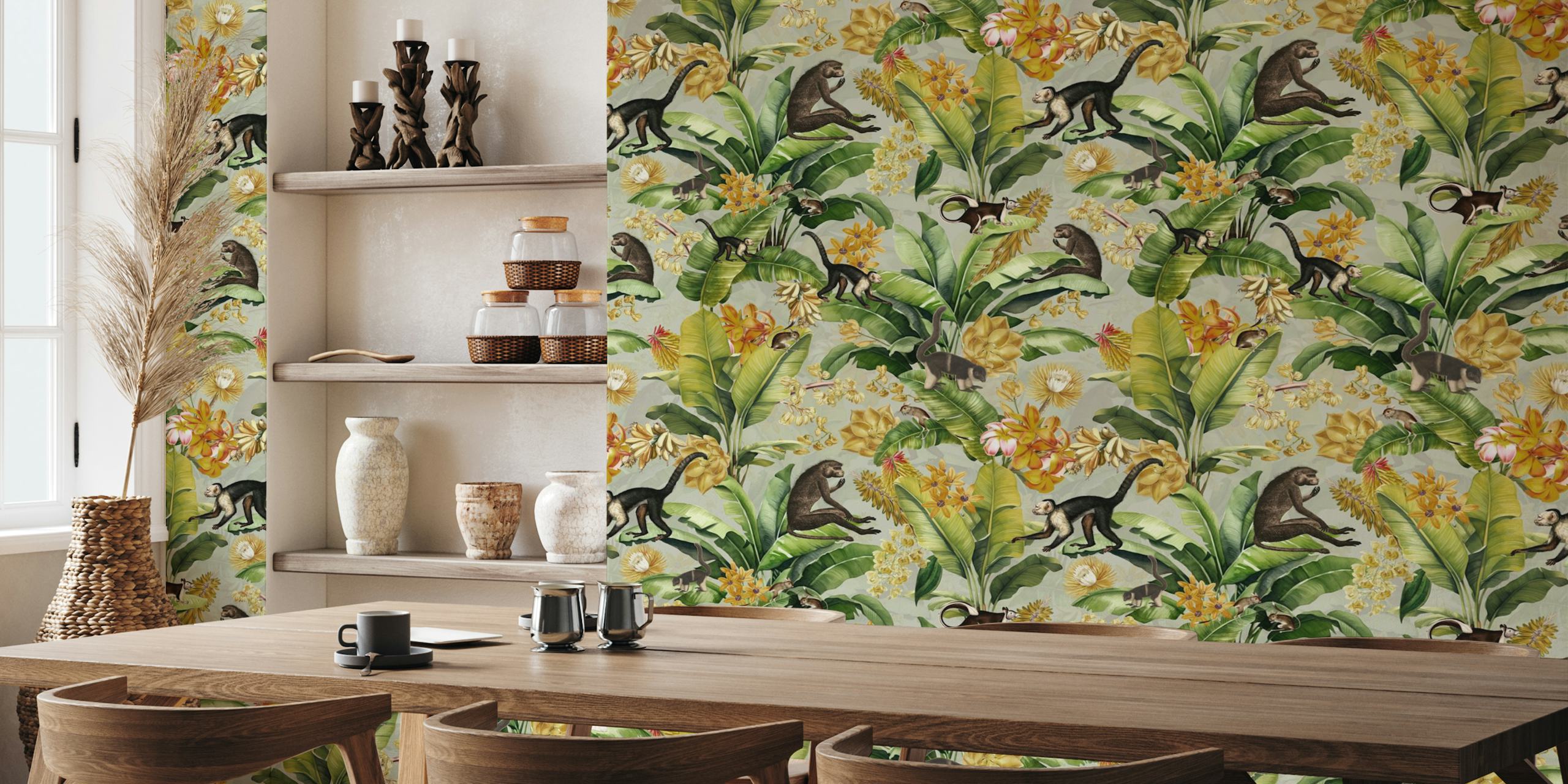 Vintage monkey wallpaper in a tropical setting