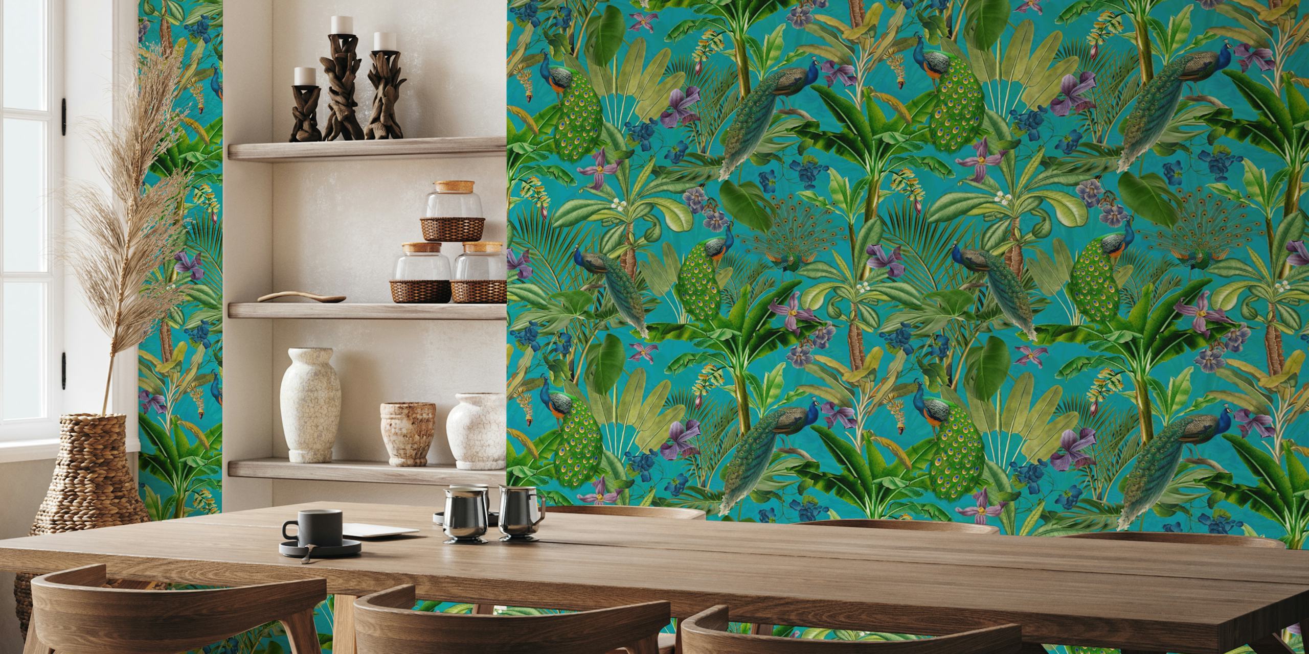 Design de papier peint tropical Rainforest Vintage Peacock
