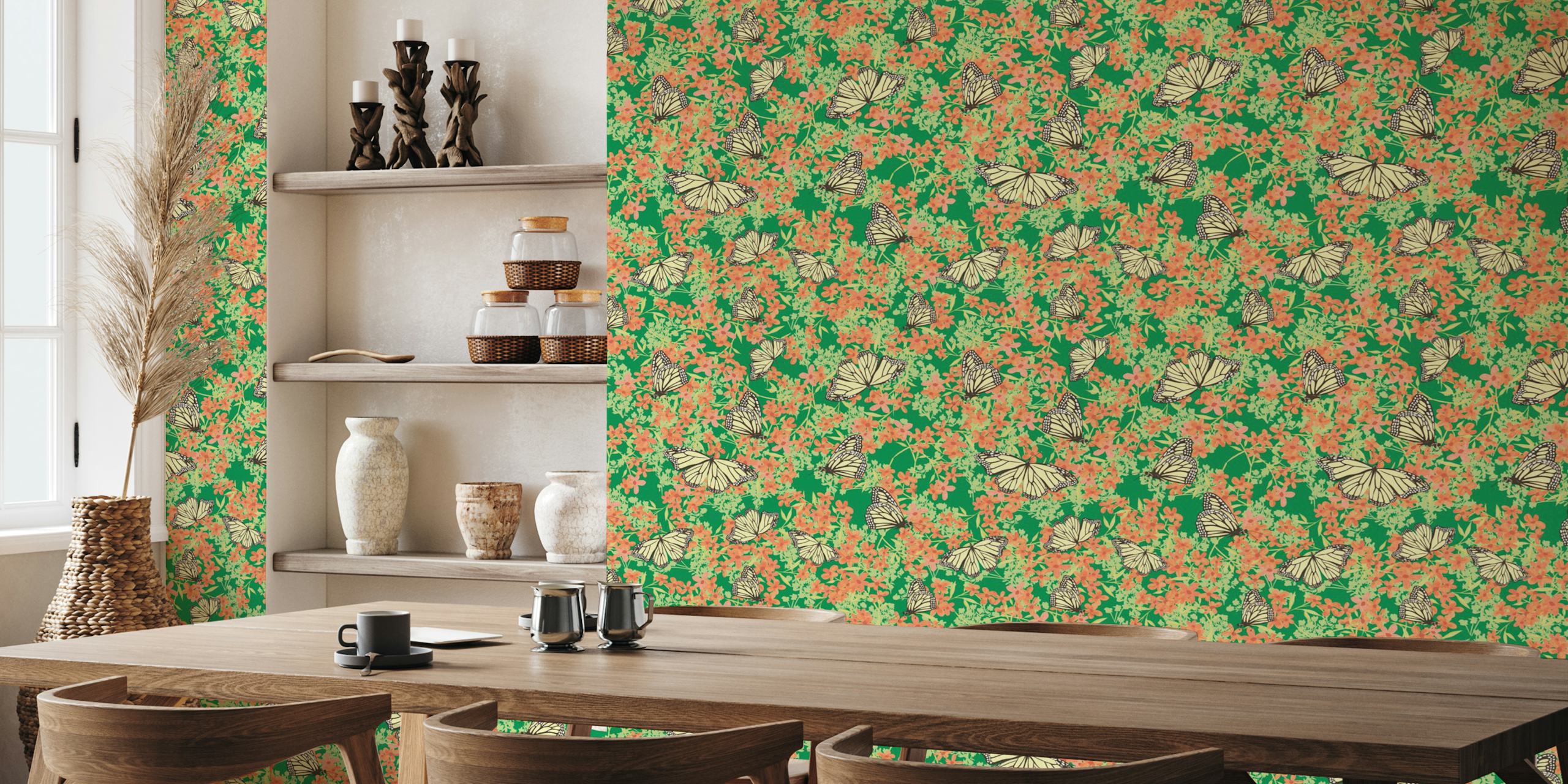 Monarch Butterfly Ditsy Floral in Green Bee in einem Raum
