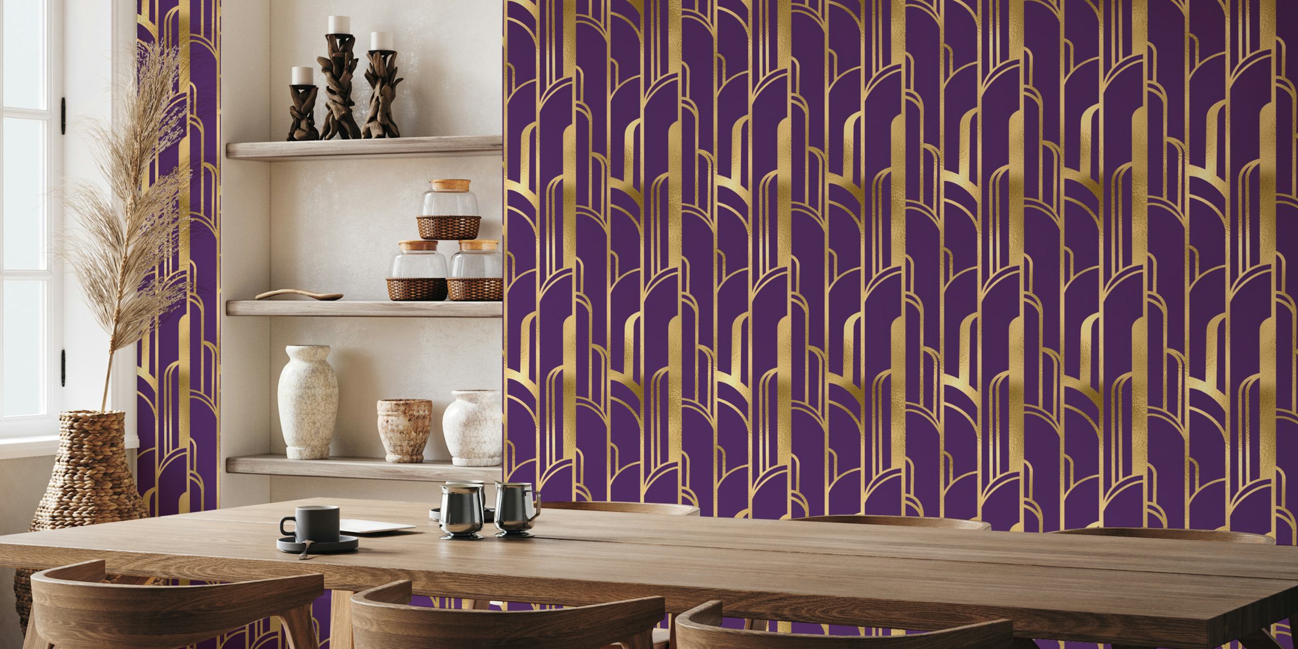 Art Deco gold and dark purple wallpaper in room
