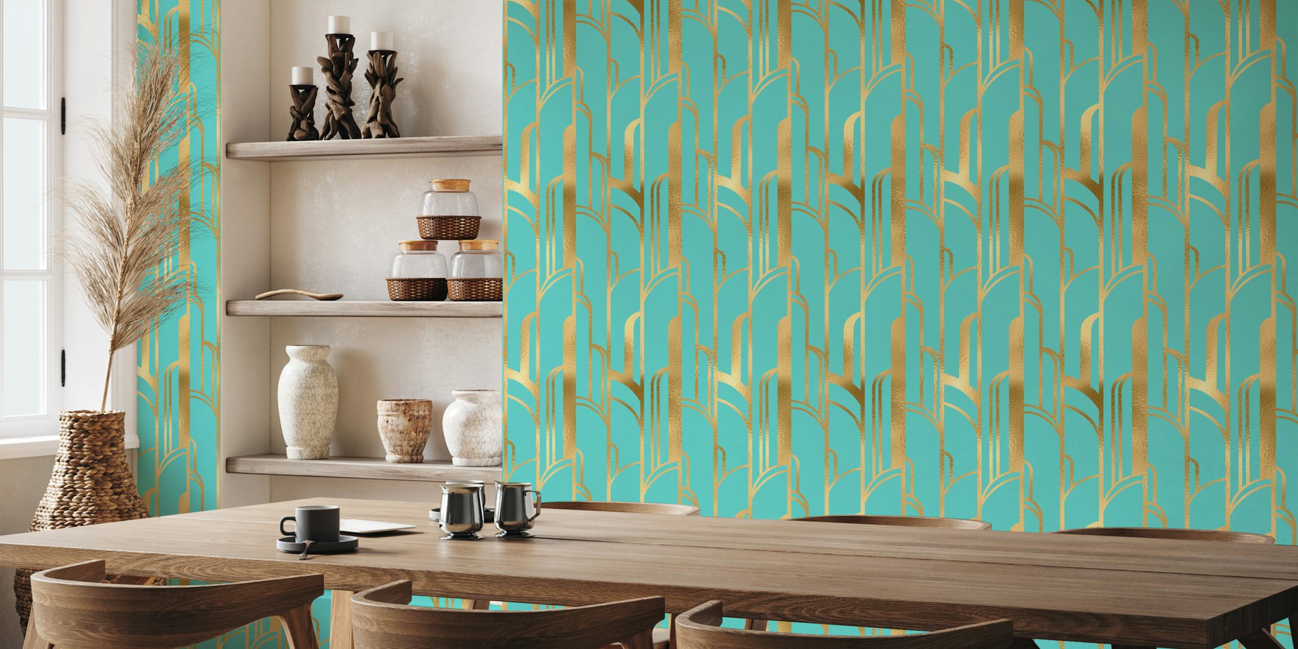 Papel de parede Art Deco dourado e turquesa em um quarto