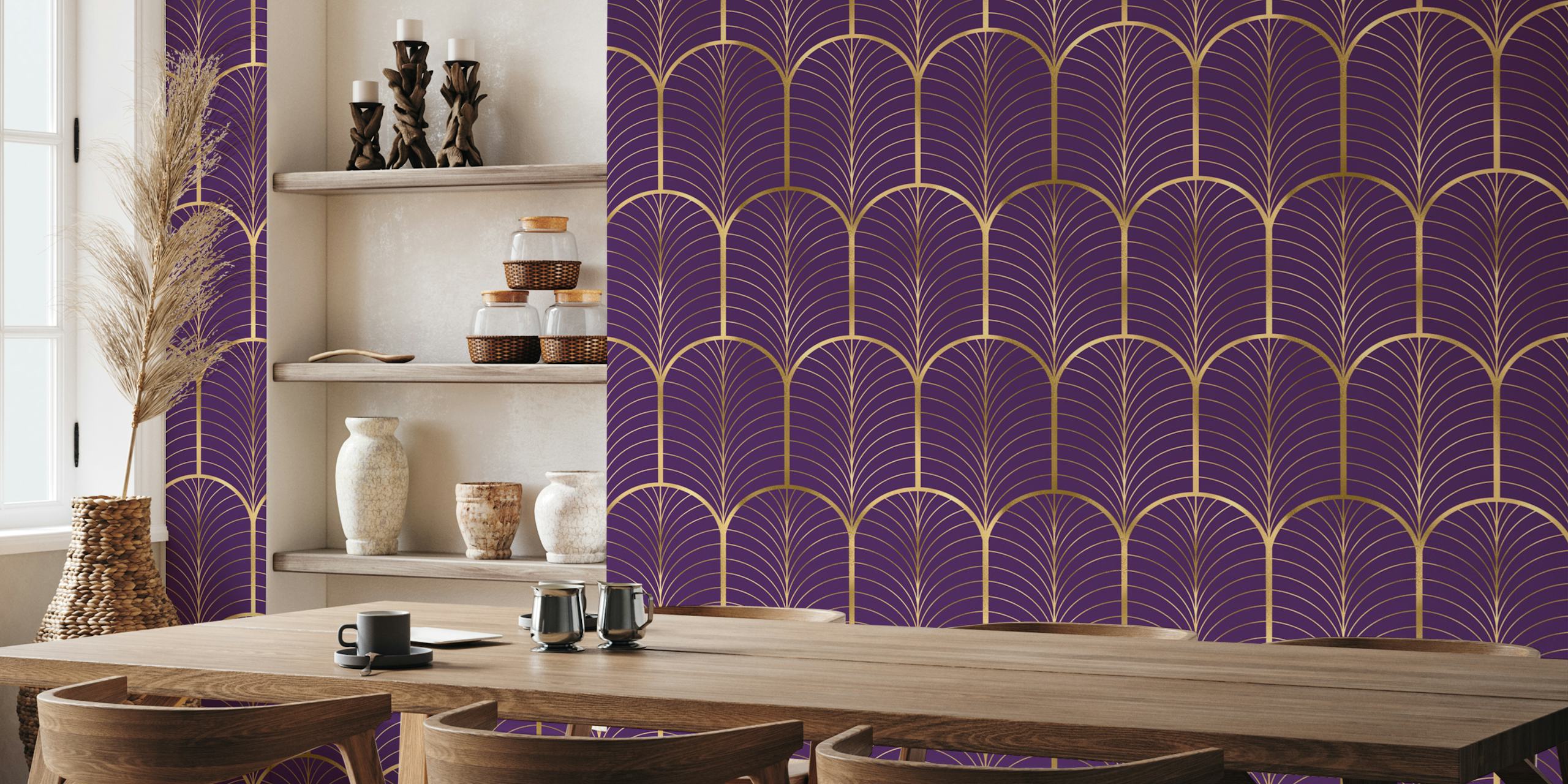 Art Deco behang in goud en donkerpaars