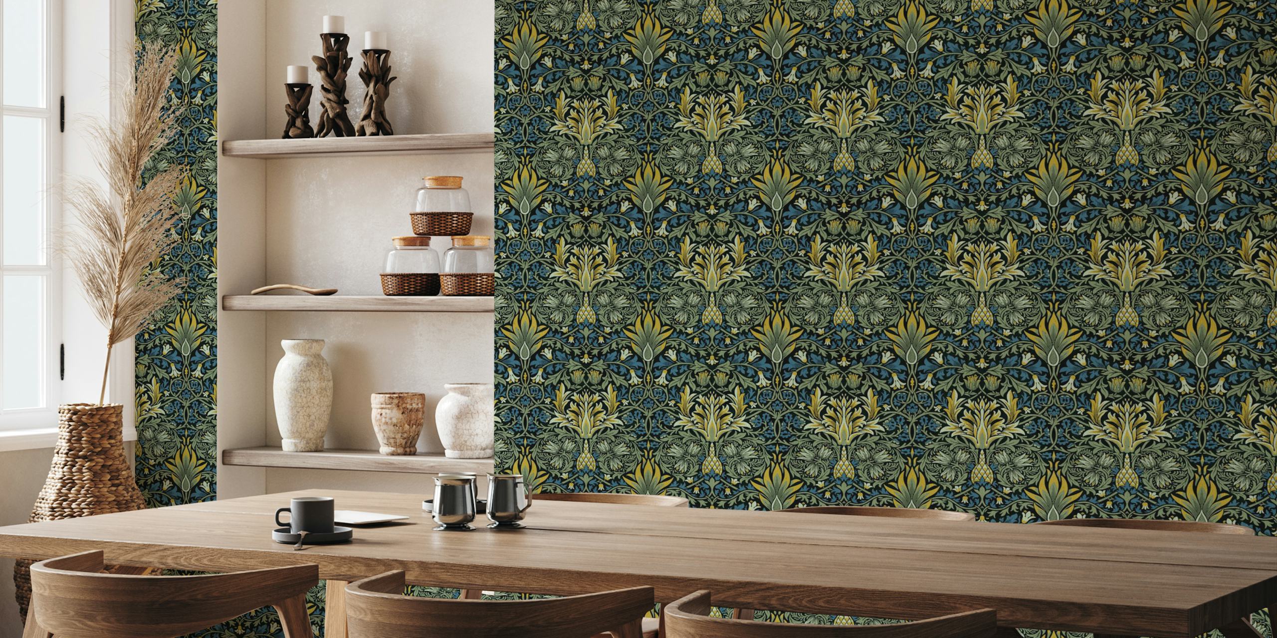 Victorian Snakeshead Pattern Blue Linen wallpaper in a room