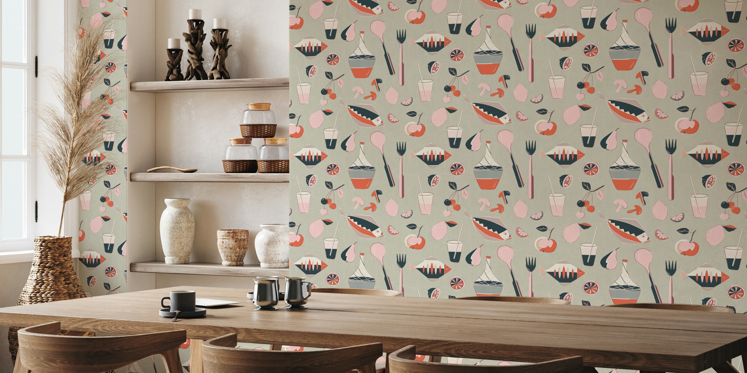 Mid century picnic wallpaper design in room