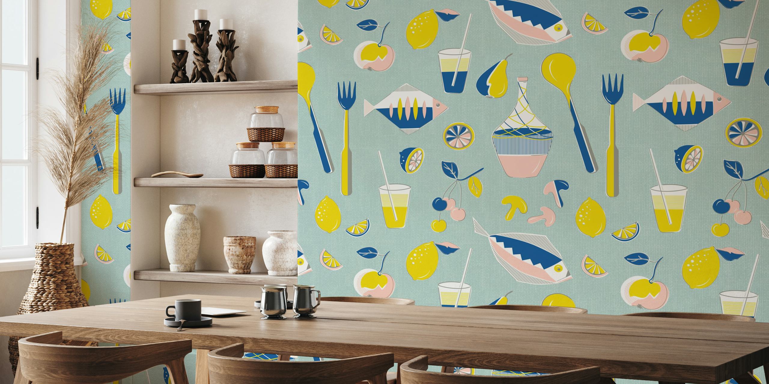 Colorful mid century picnic wallpaper with fruit, fish, and kitchen utensils in lime blue