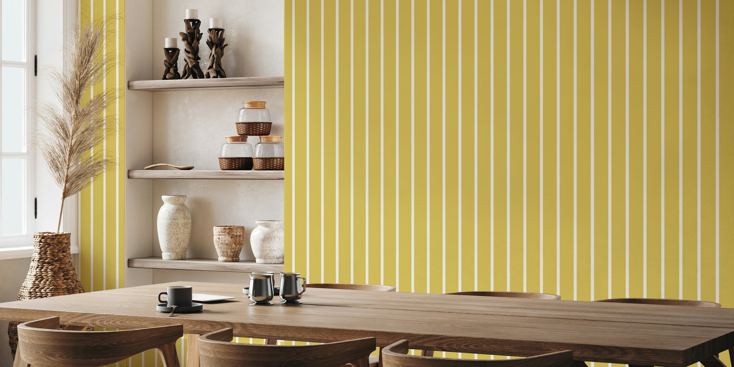Καθετοί ριγέ Vertical Stripes sulfur green beige σε ένα δωμάτιο