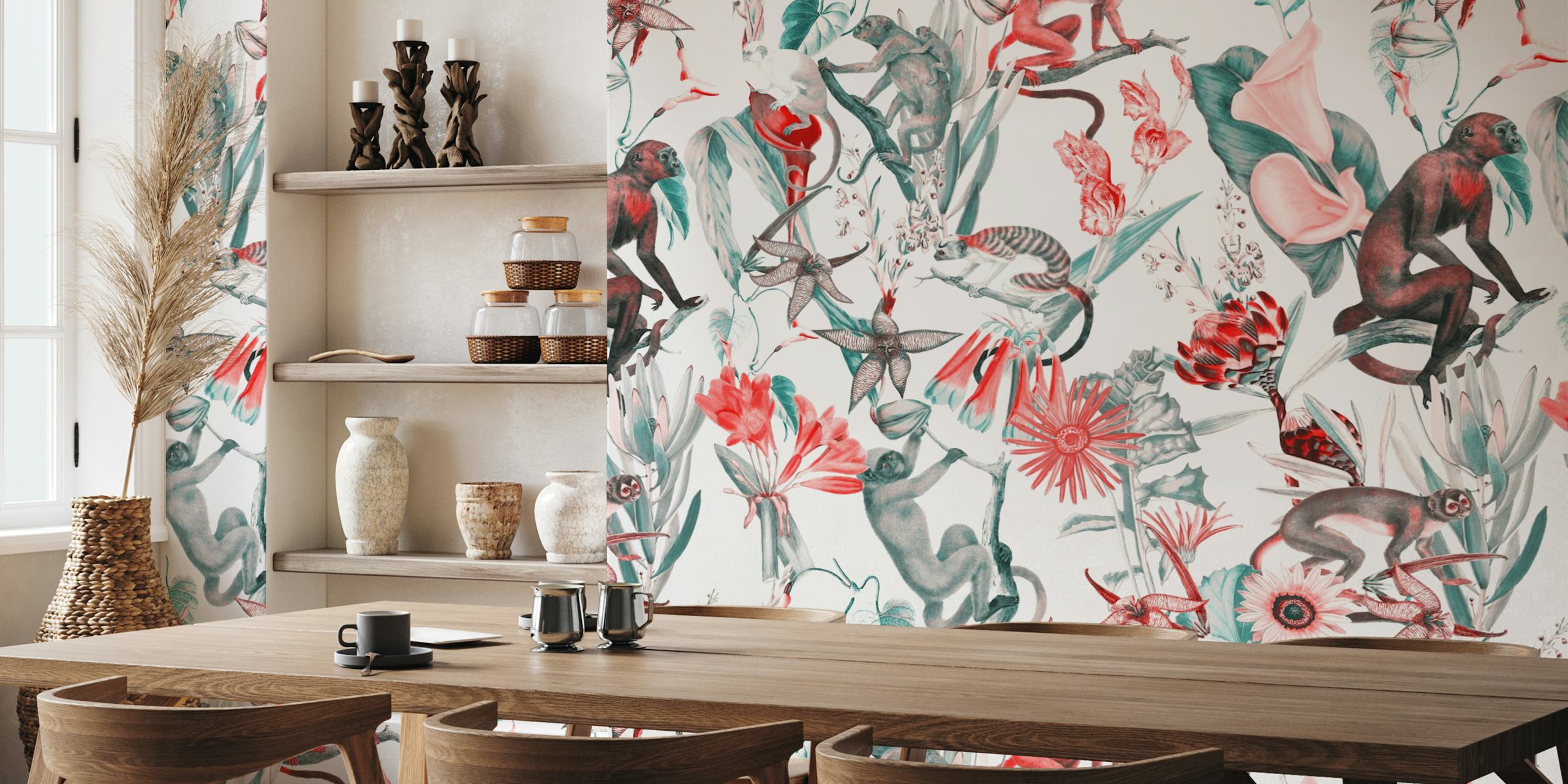 Tropical floral wallpaper with monkeys in red, green, and white colors