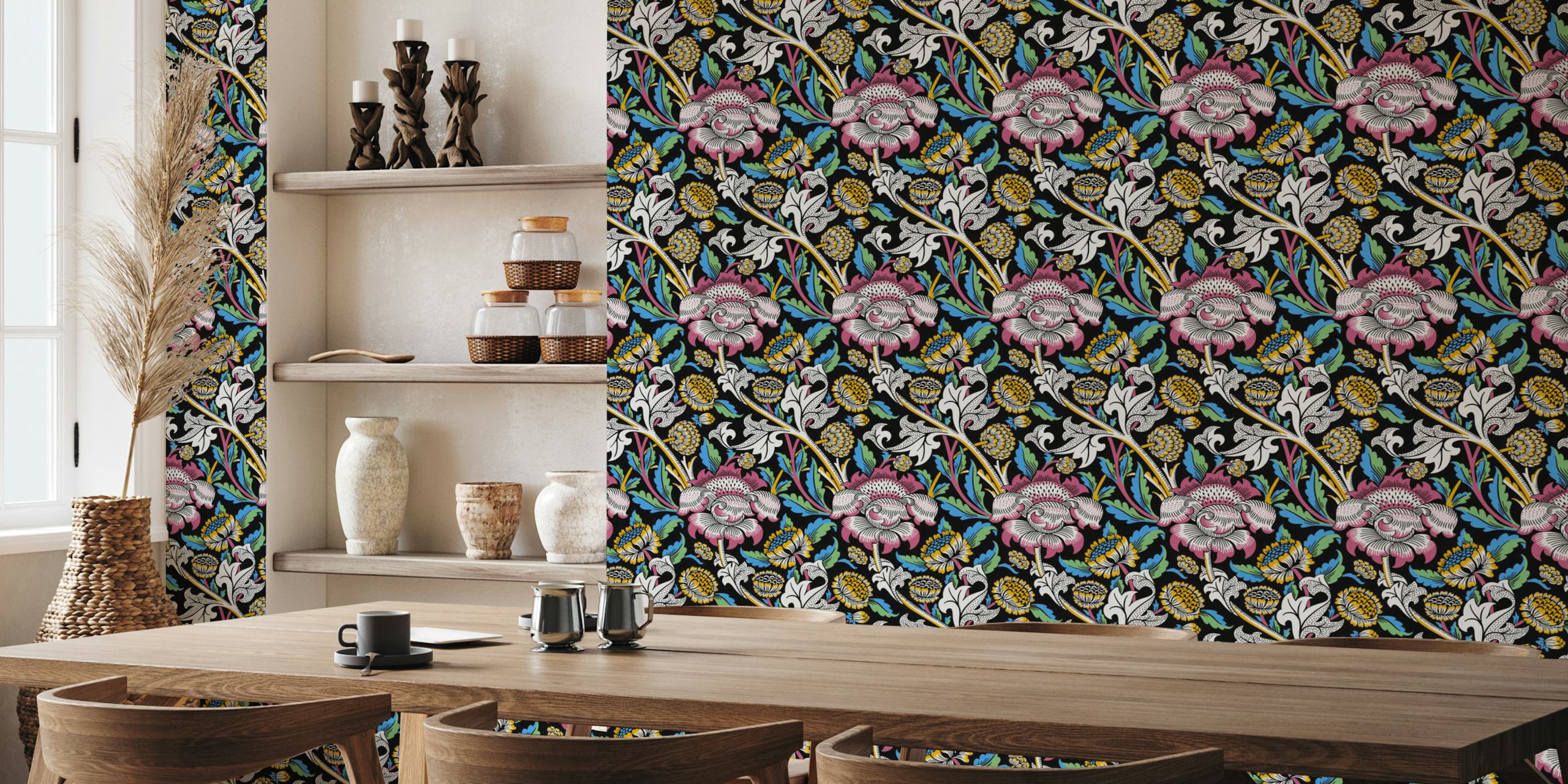 Colorful floral pattern on a black background wallpaper