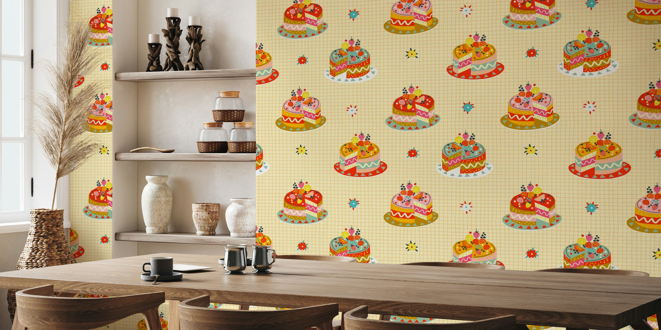 Colorful cakes with fruits on a light yellow background wallpaper