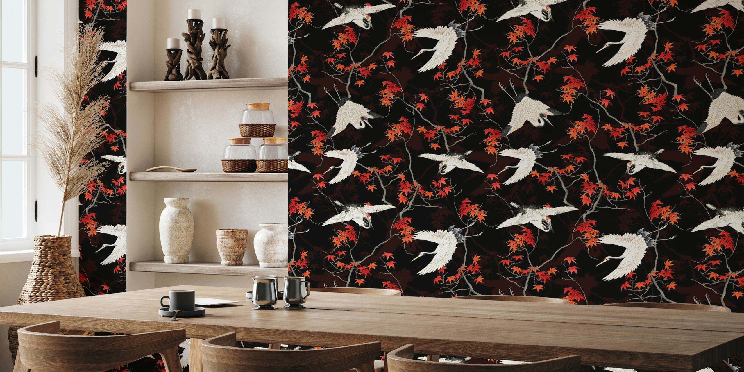 Chinese Cranes And Branches-taustakuvia huoneessa