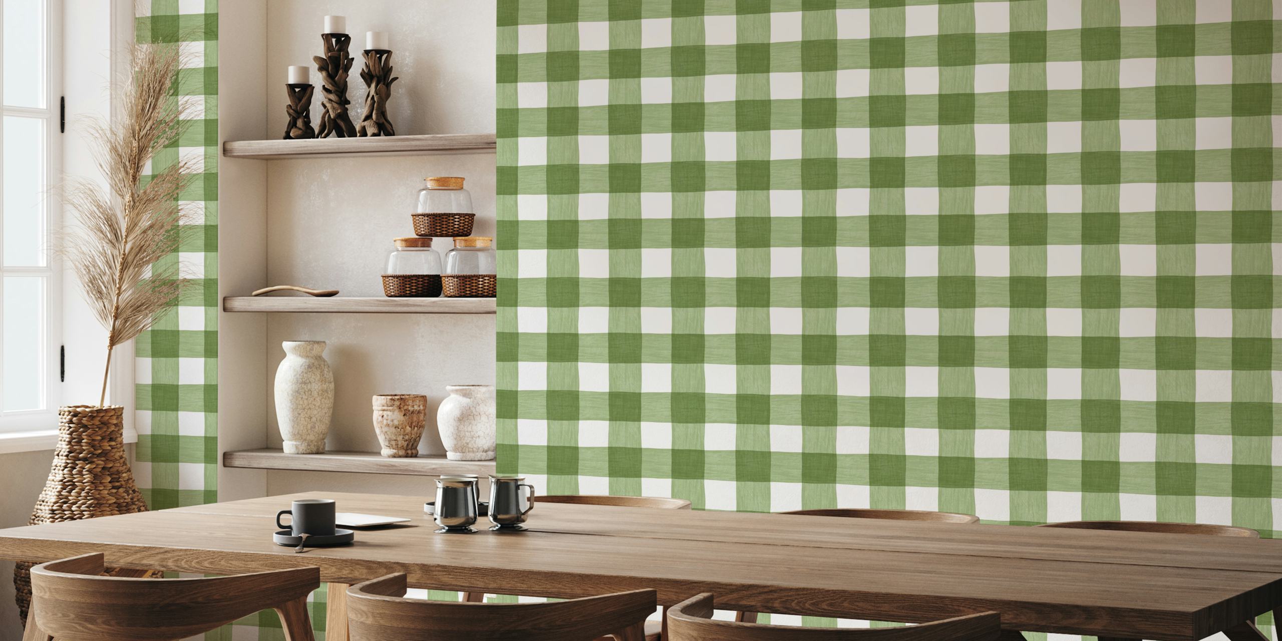 Hand-painted gingham wallpaper i grønn
