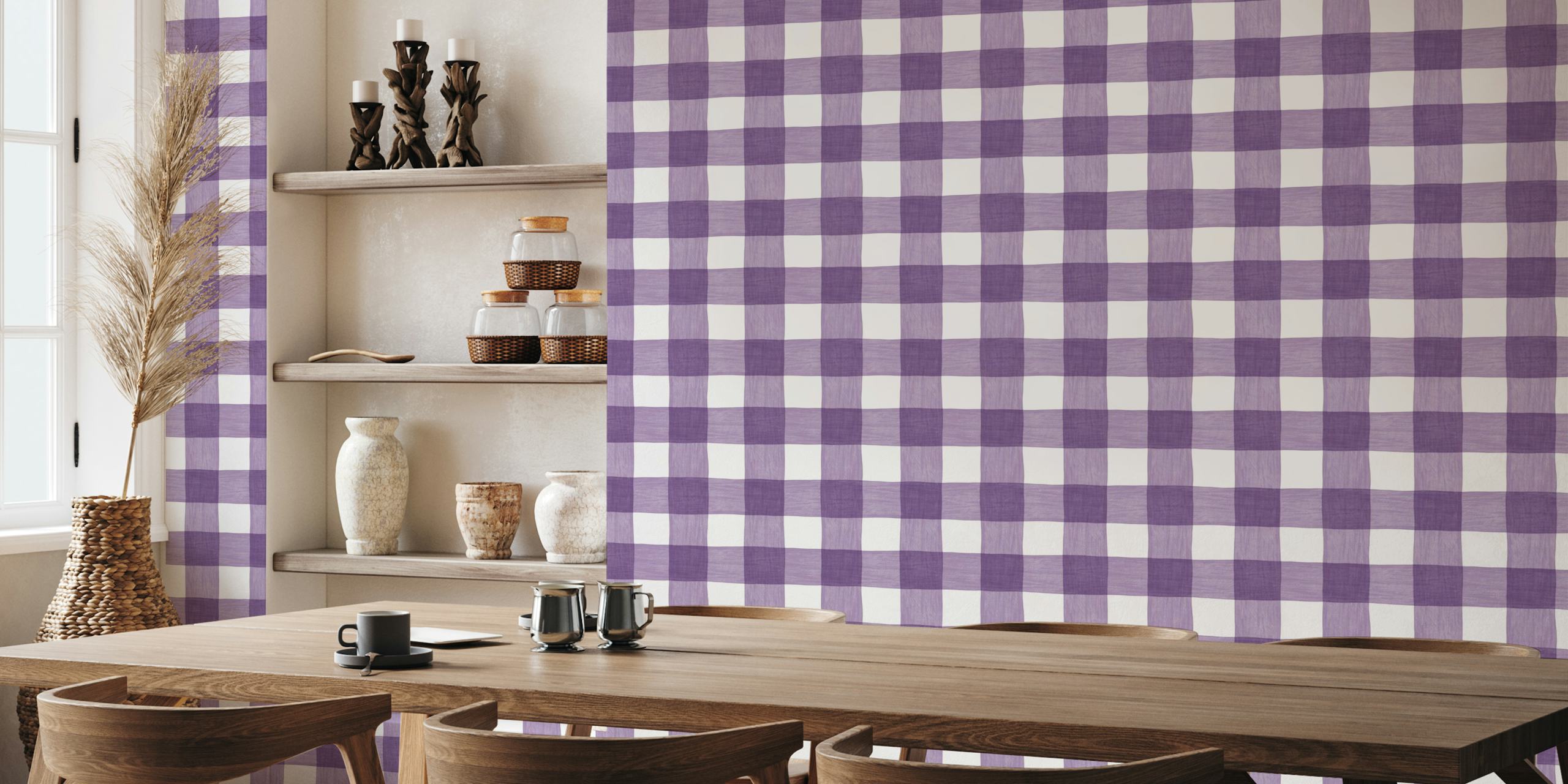 Hand Painted Gingham in Purple Lavender tapet i et rum