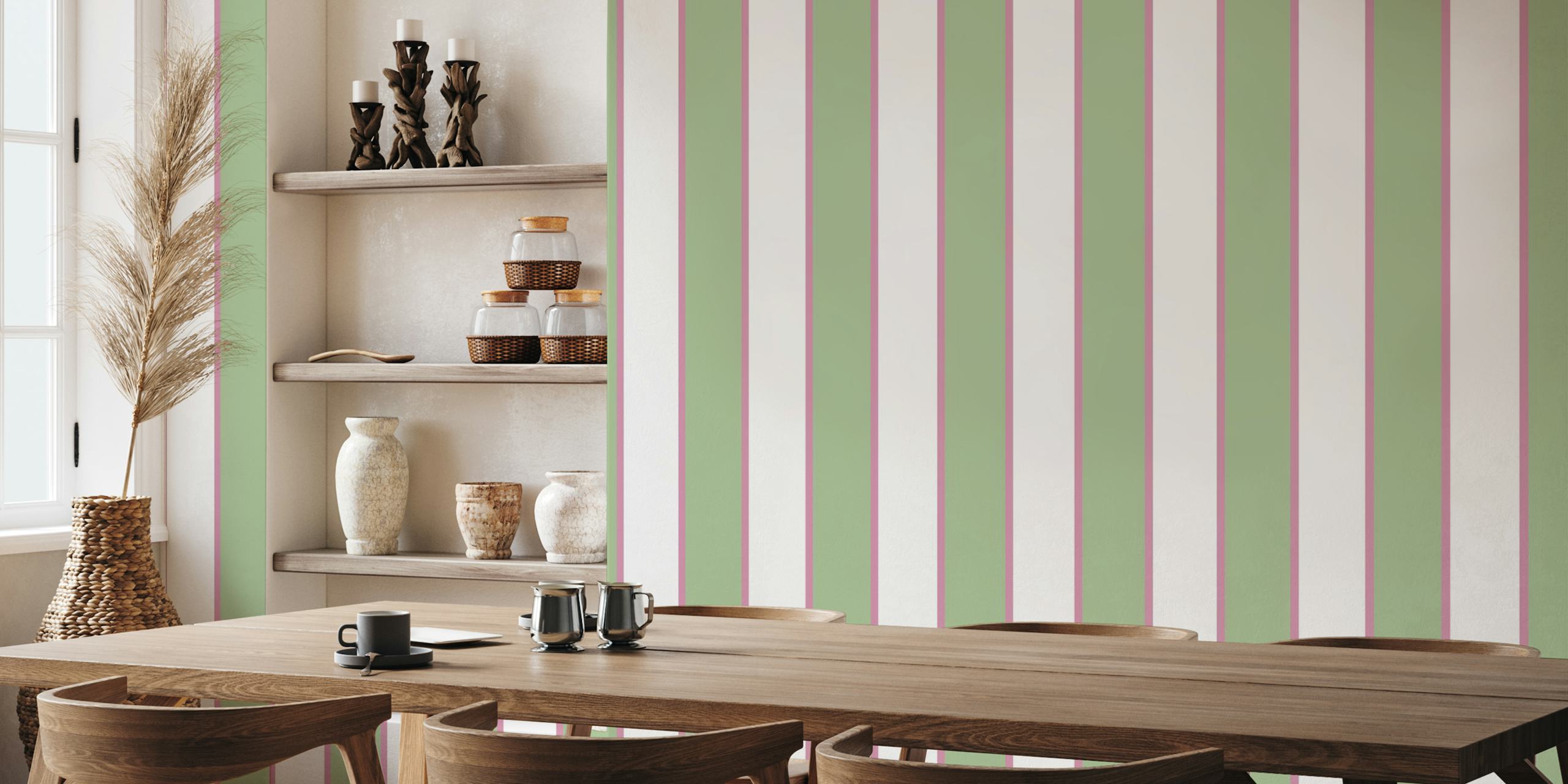 Striped wallpaper in pink and sage green, modern design