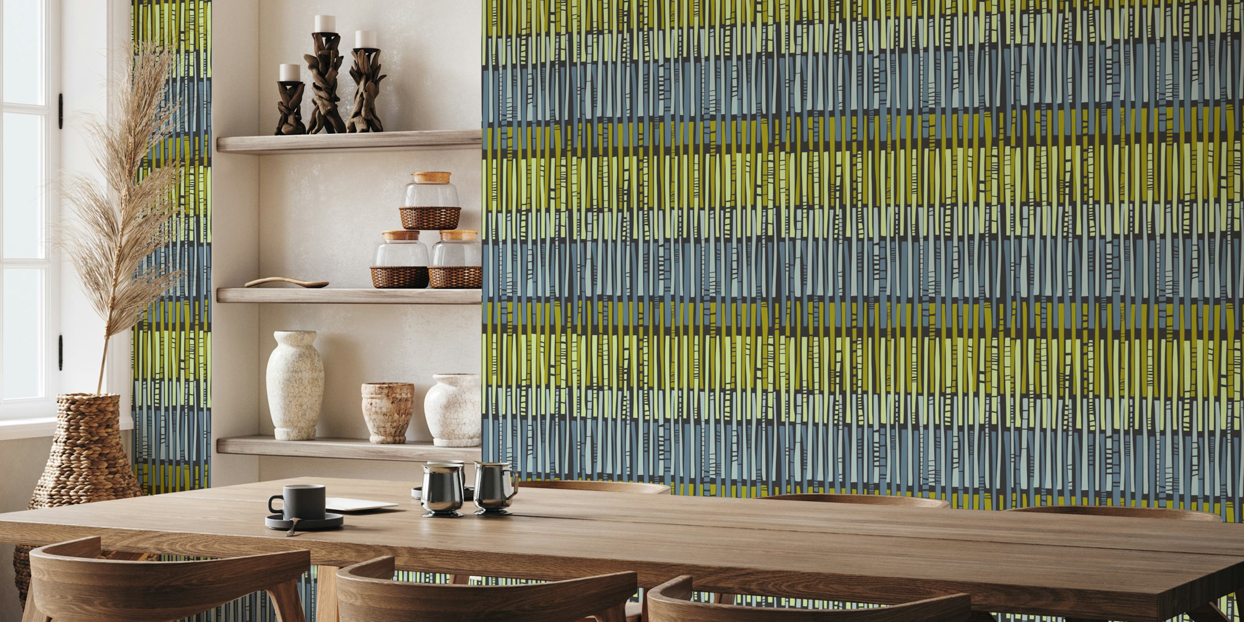Geometric striped wallpaper featuring blue, yellow, and black colors
