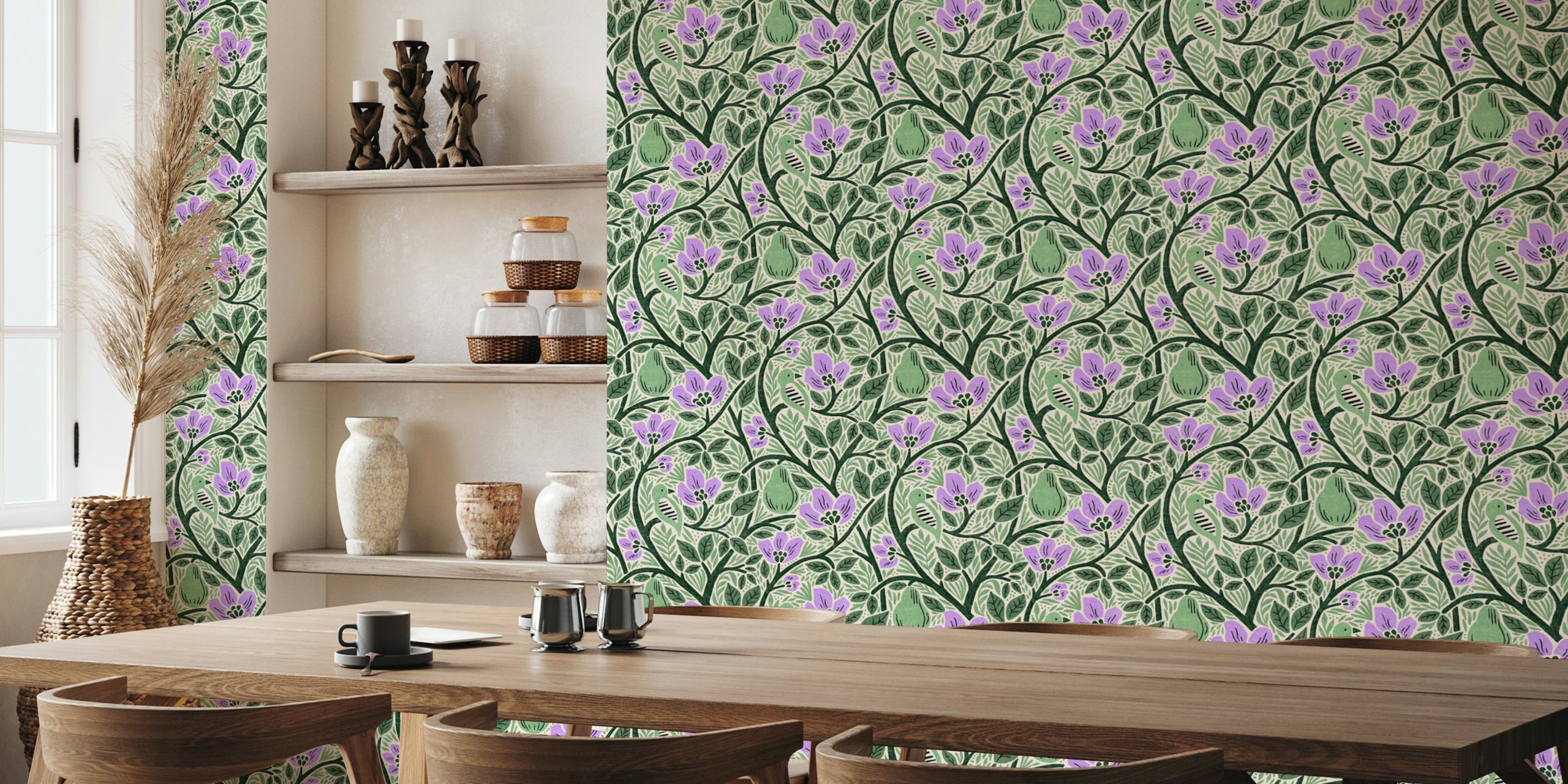 Floral pattern with green leaves, purple flowers, and birds wallpaper