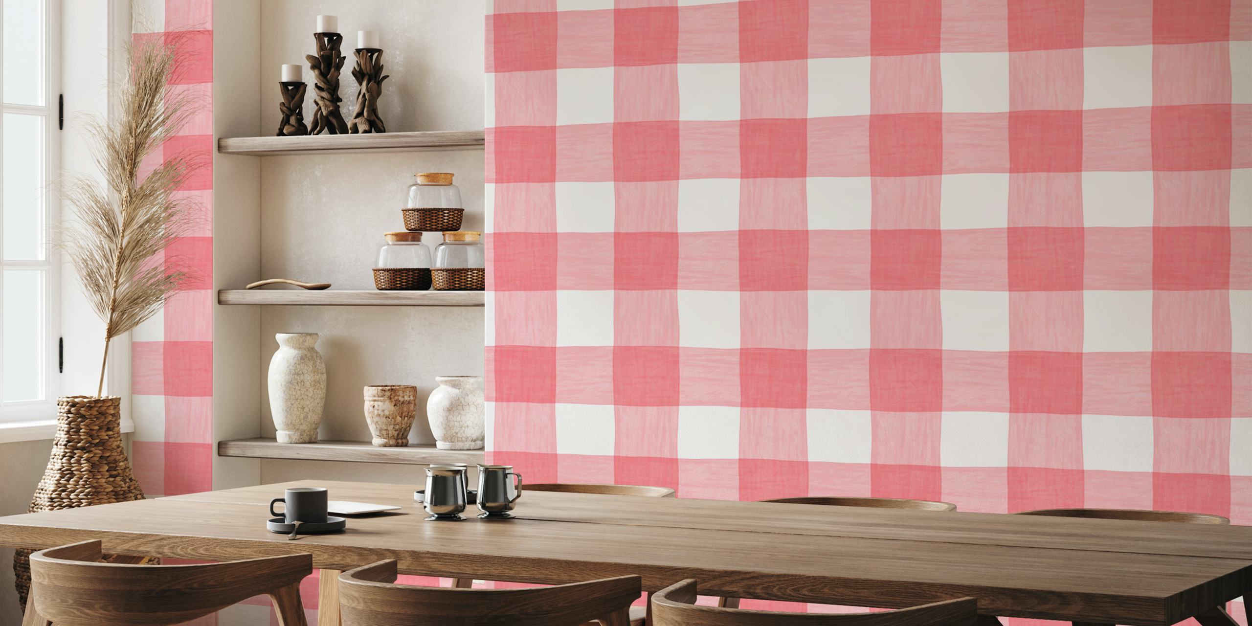 Pink gingham checkered pattern wallpaper in a hand-painted style