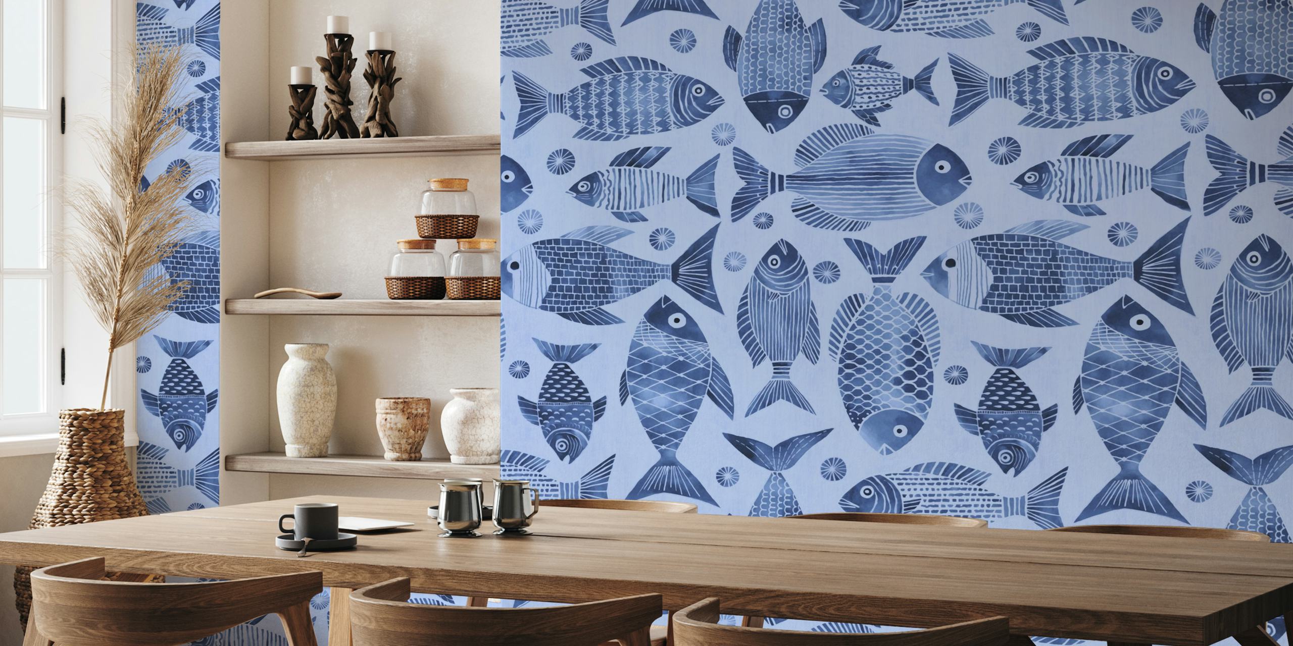 Navy blue fish patterns on a light blue background wallpaper
