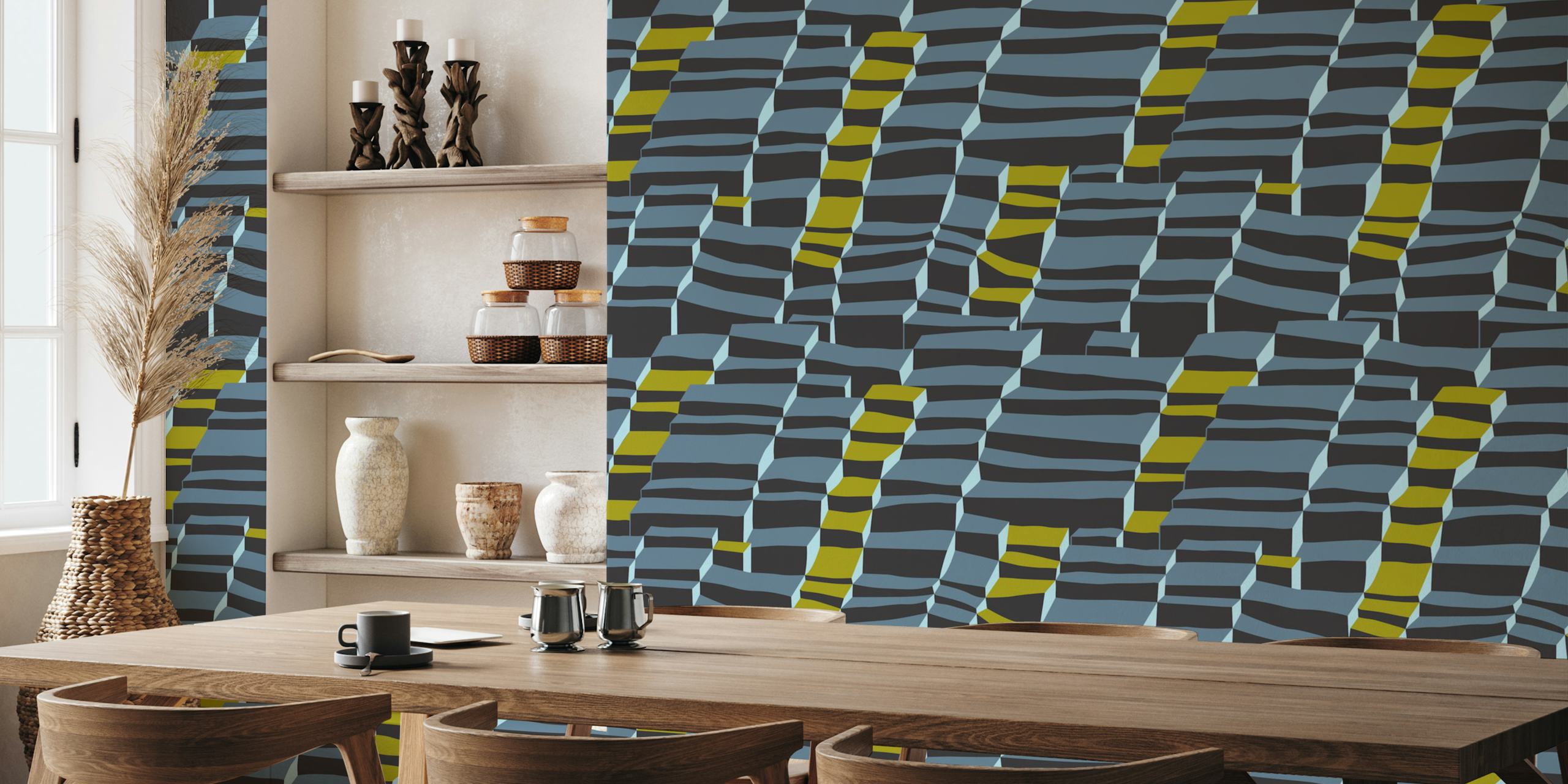 Geometric patterns in blue, black, and yellow on wallpaper