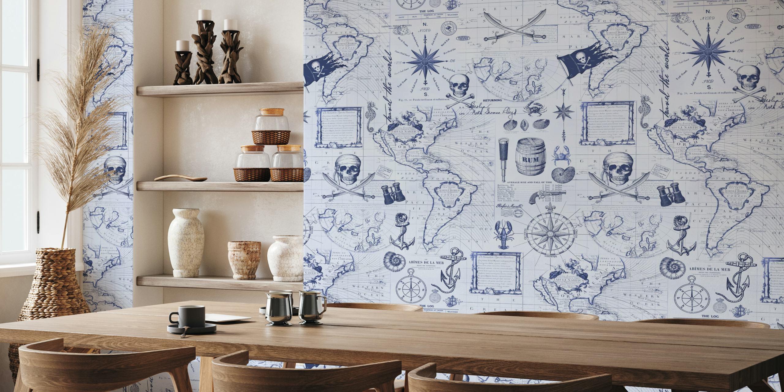 Nautical pirate map design with navy blue and white elements wallpaper
