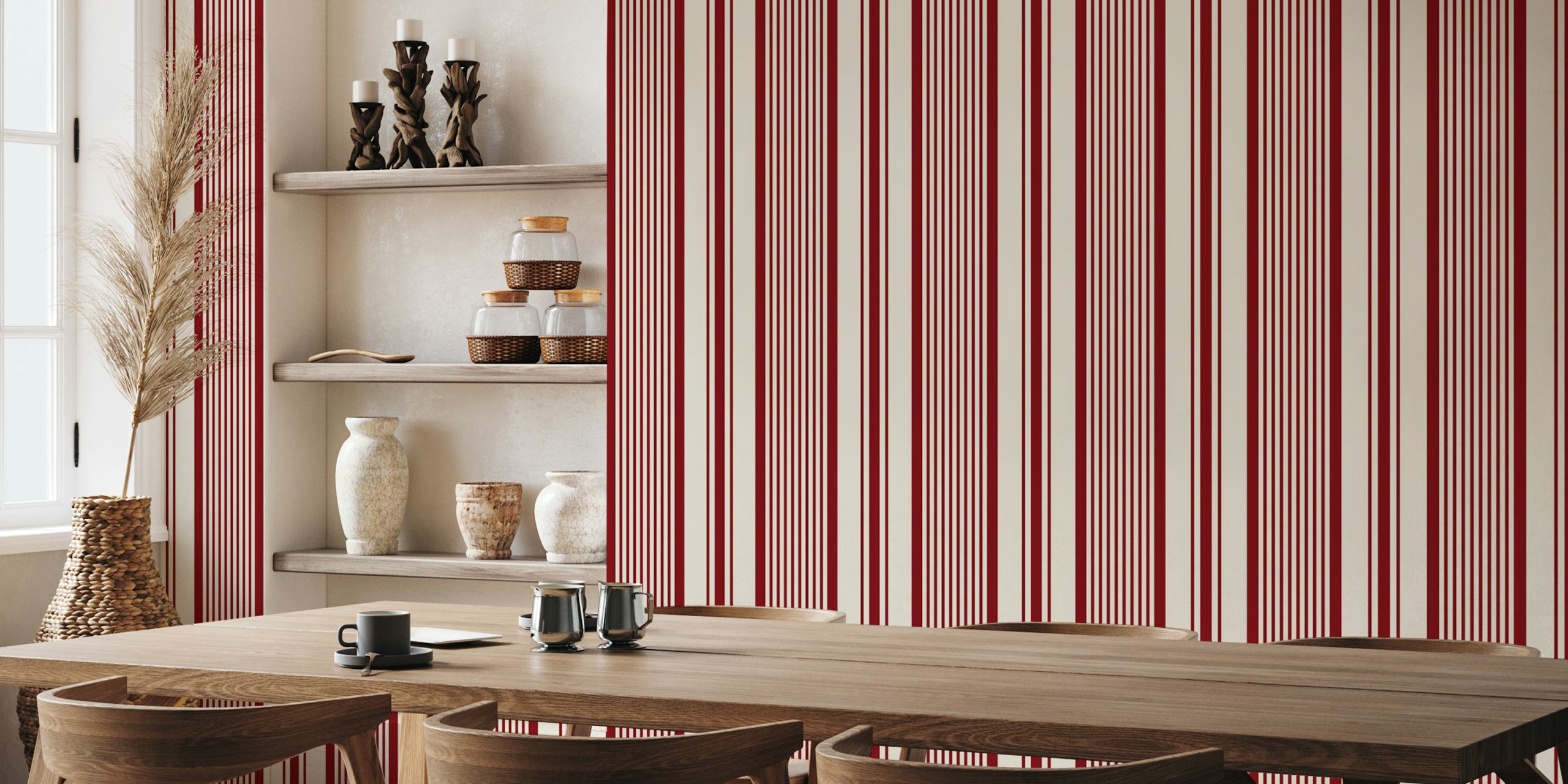 Dark red and burgundy striped wallpaper in a room