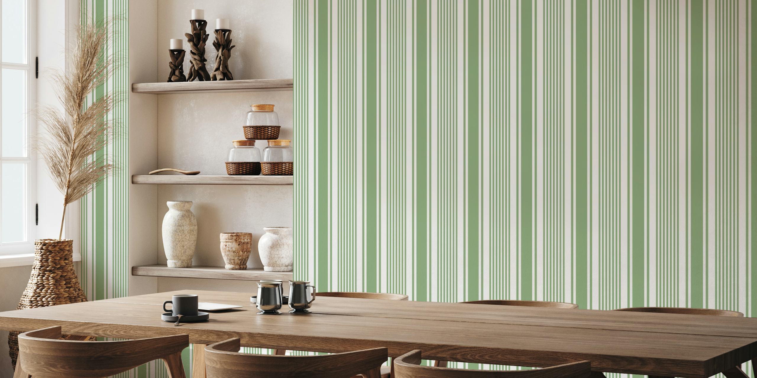 Sage green and white striped wallpaper in a modern pattern