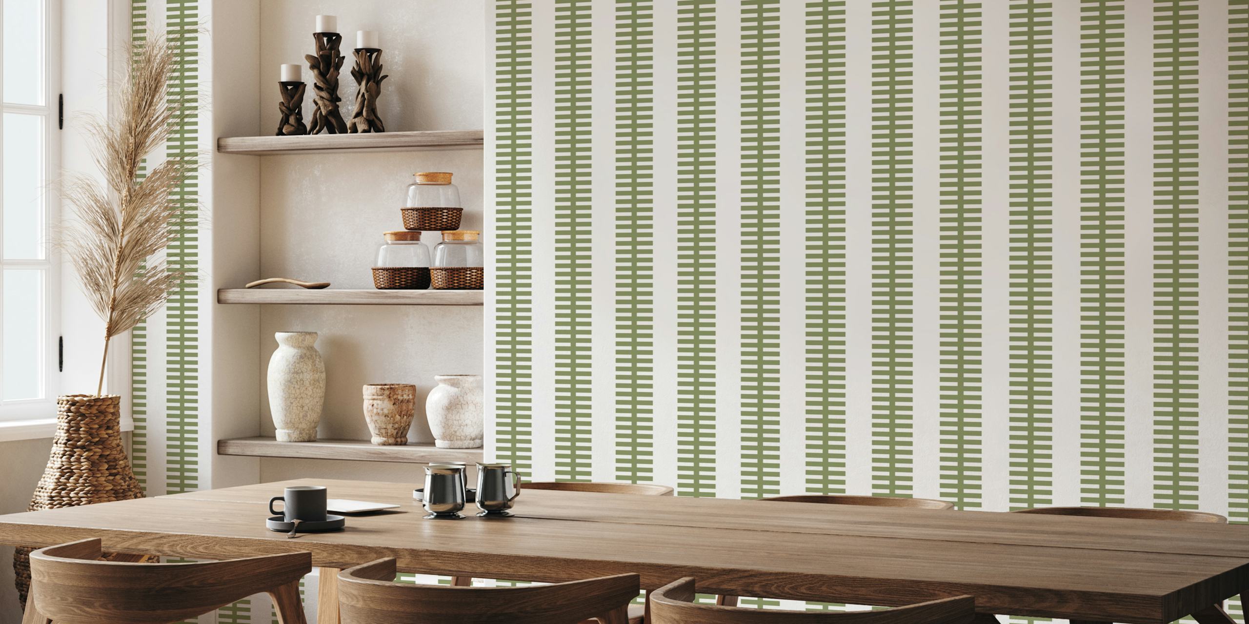 Geometric stripes in sage green on cream background wallpaper