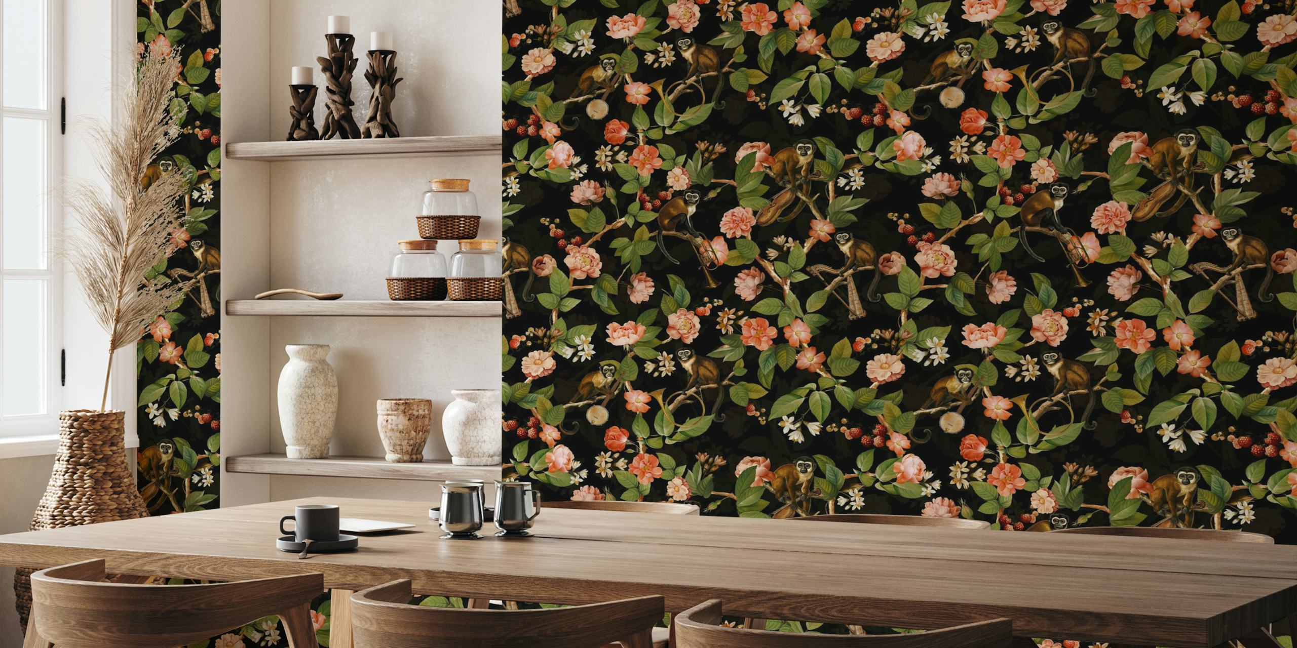 Monkey Band In Flower Chinoiserie Jungle projekt tapety